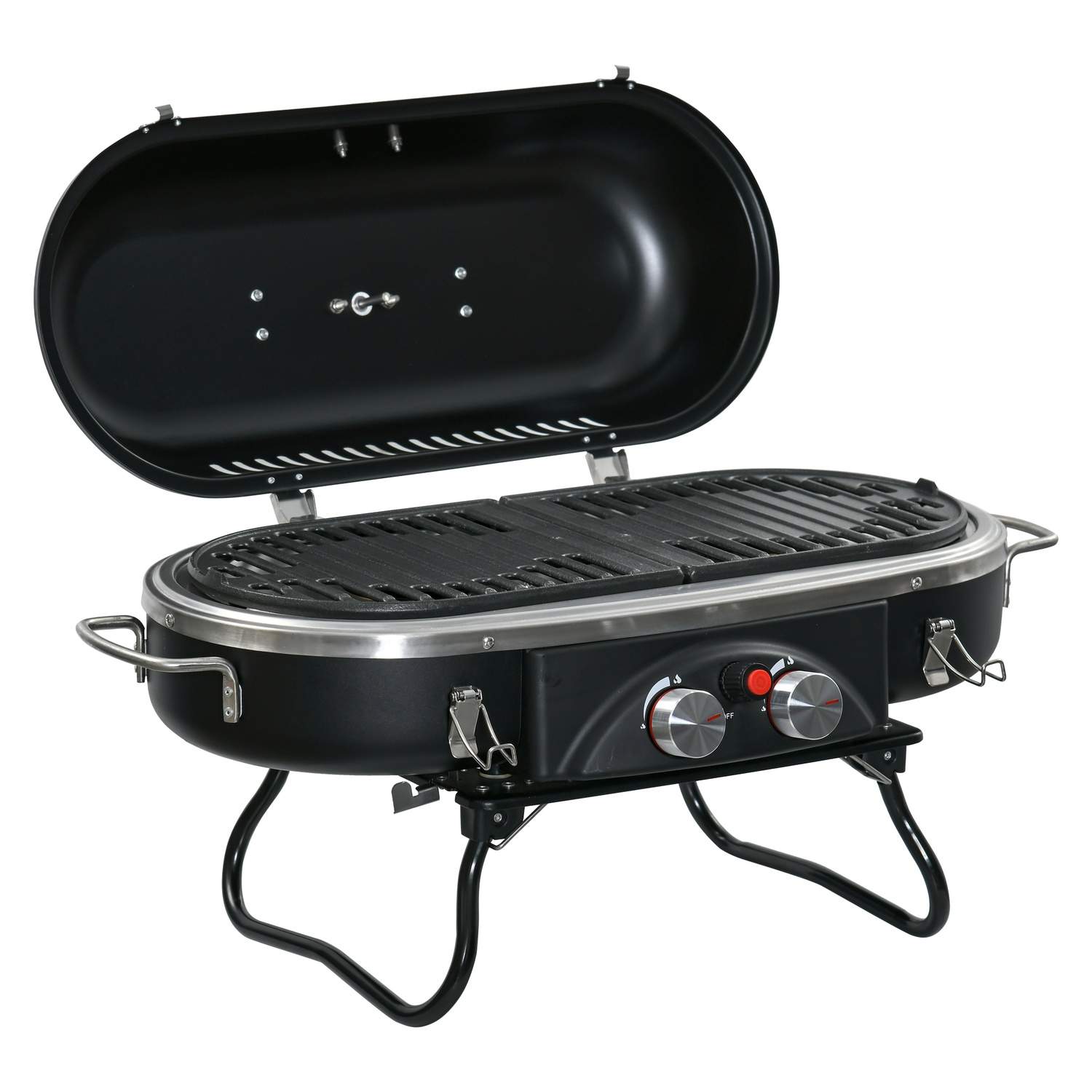 Gasgrill 2,34 KW sammenfoldelig BBQ havegrill inkl. 2 rustfri stålbrændere, trykreduktion, gasslange, låg, termometer, 2 varmezo