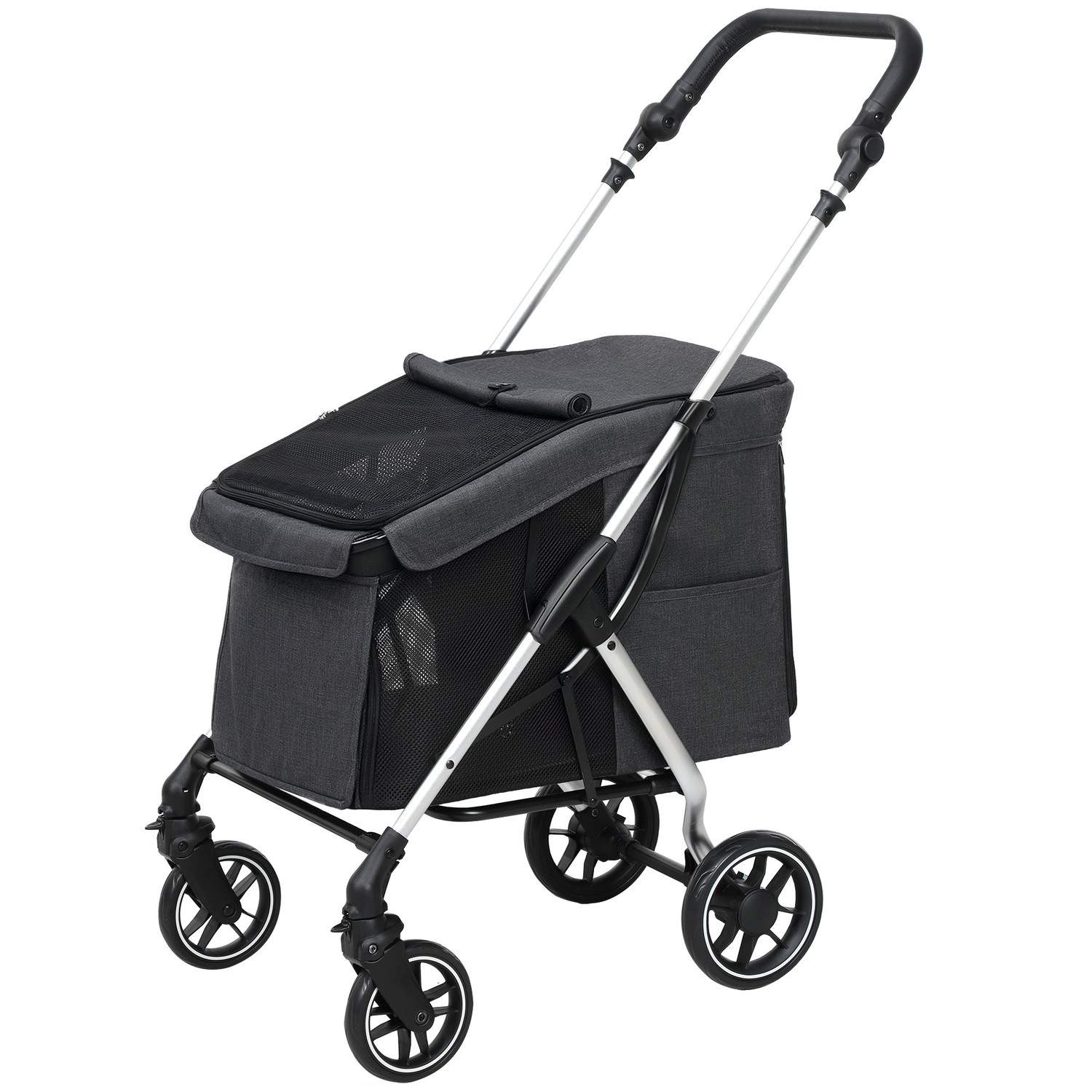 Hundevogn, let hundevogn af aluminium, foldbar til hunde og katte op til 10 kg, kattevogn med hynder, netvinduer, døre, opbevari