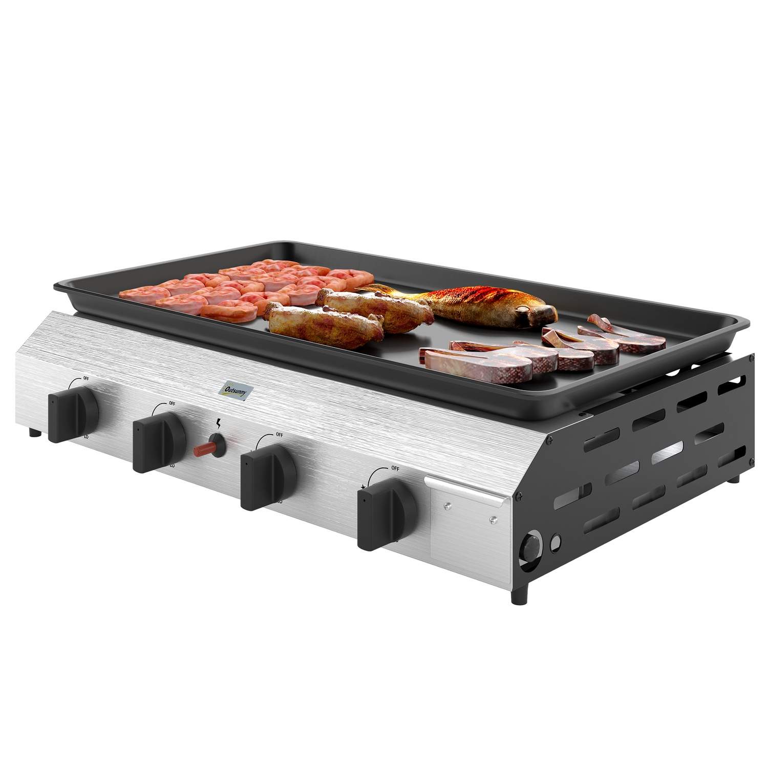 Gasgrill 8000BTU/2,4 KW grillvogn inkl. 4 rustfri stålbrændere trykreduktion gasslange justerbare ben kogeplade, BBQ havegrill t