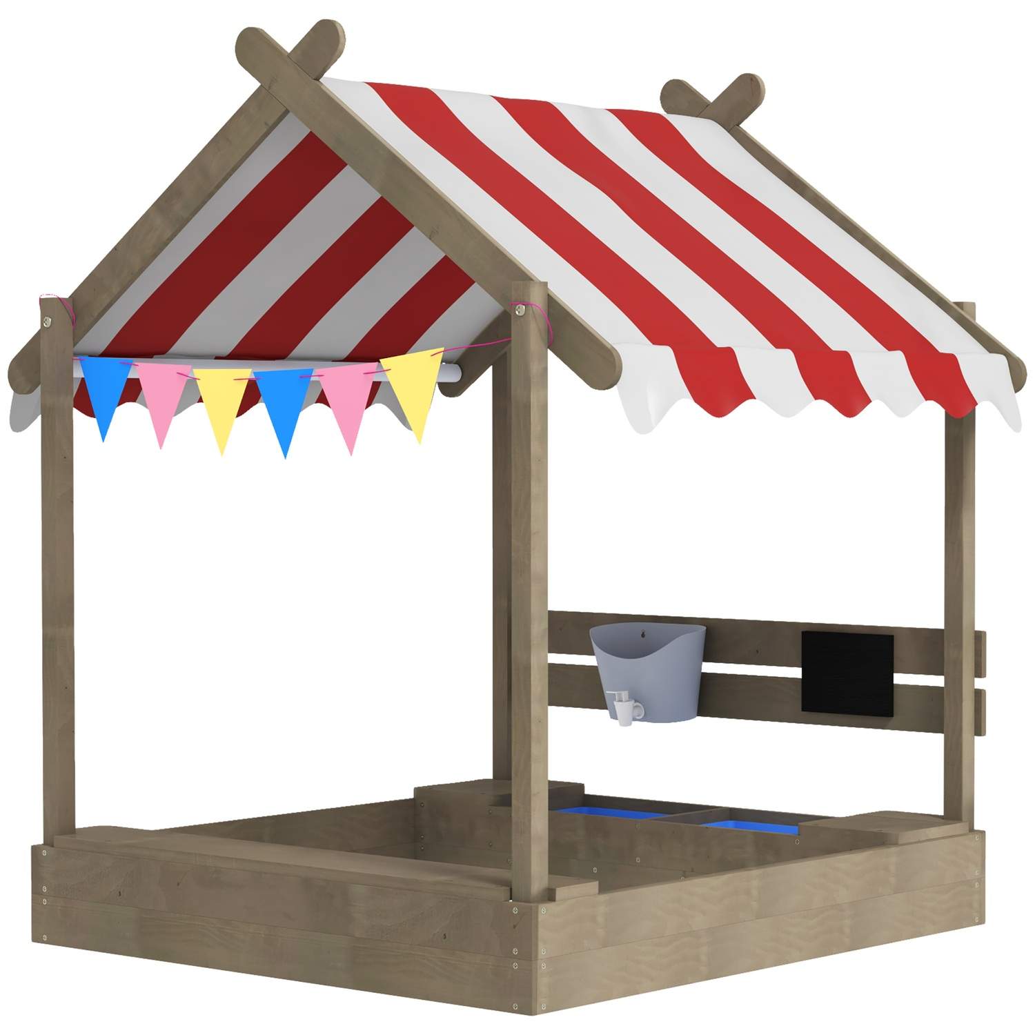 Sandkasse med tag, træsandkasse med sæde, legehus, 124 x 116 x 146 cm sandkasse med bræt til 3-7 år børn, have, grå Aosom