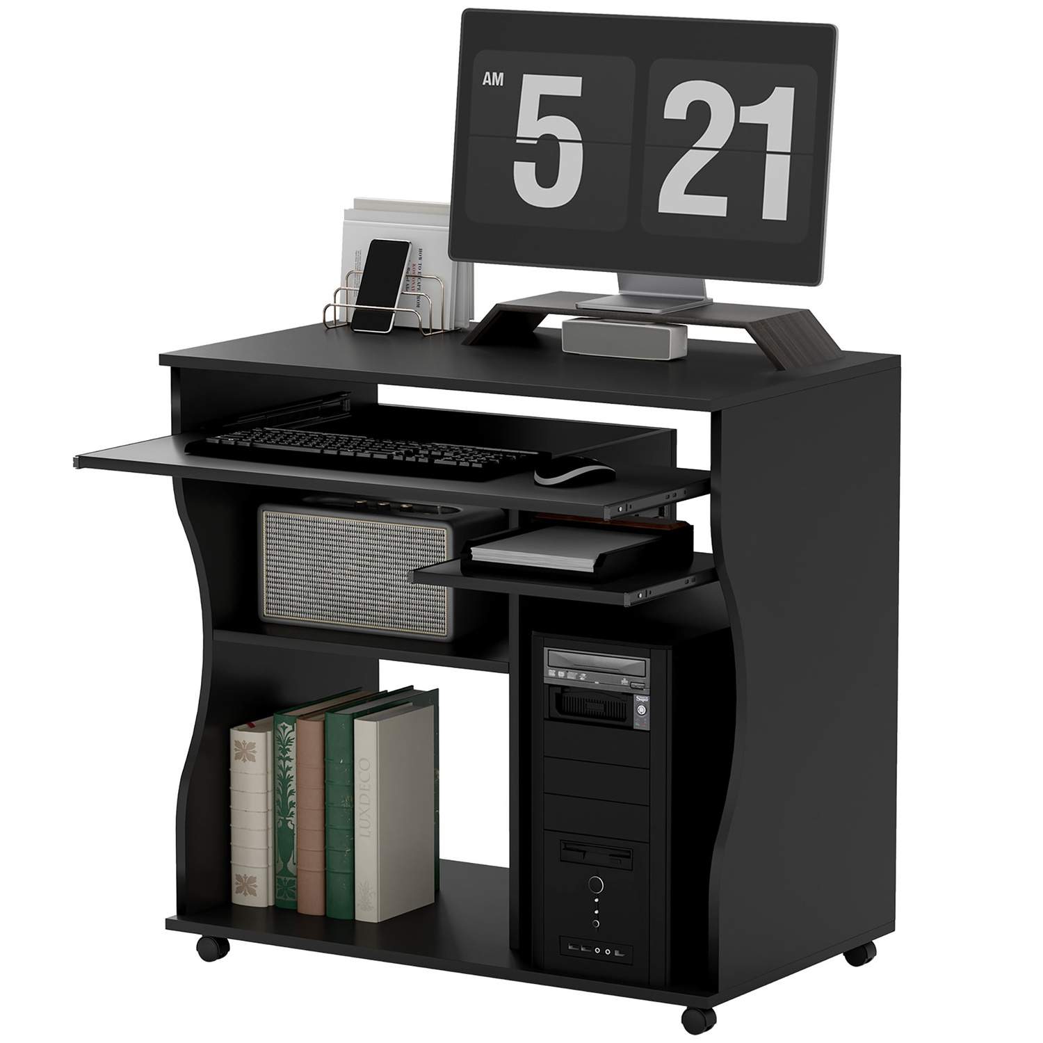 Computerbord skrivebord med hjul Kontorbord med tastaturhylde? Hylde, PC bord sort 80 x 48 x 75 cm Aosom
