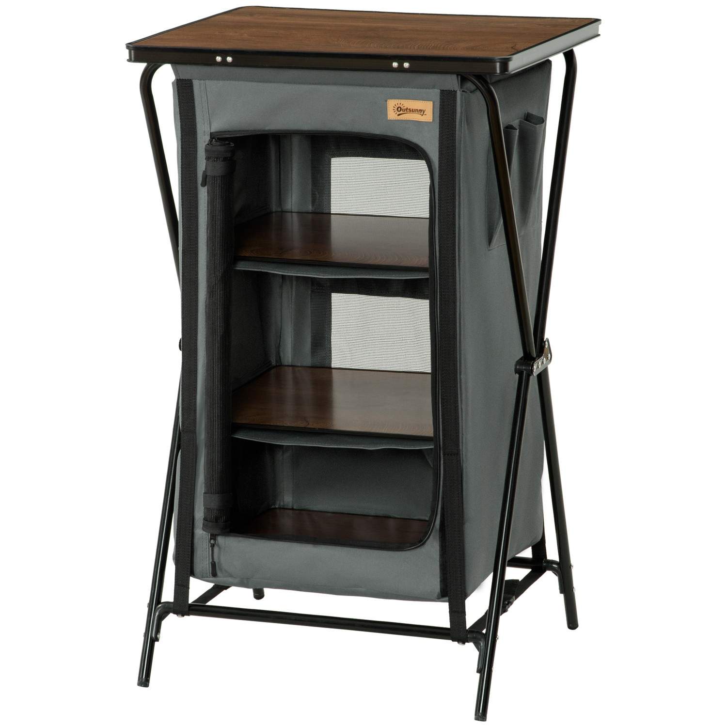 Campingskab foldbar køkkenboks med lynlås, bærbar campingkøkken med bordplade, 3 hylder, bæretaske Oxford mørkegrå 60 x 50 x 99