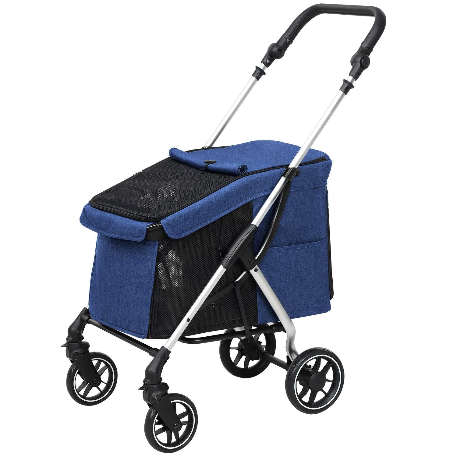 Hundeklapvogn, let hundevogn af aluminium, foldbar til hunde og katte op til 10 kg, kattevogn med hynder, netvinduer, døre, opbe
