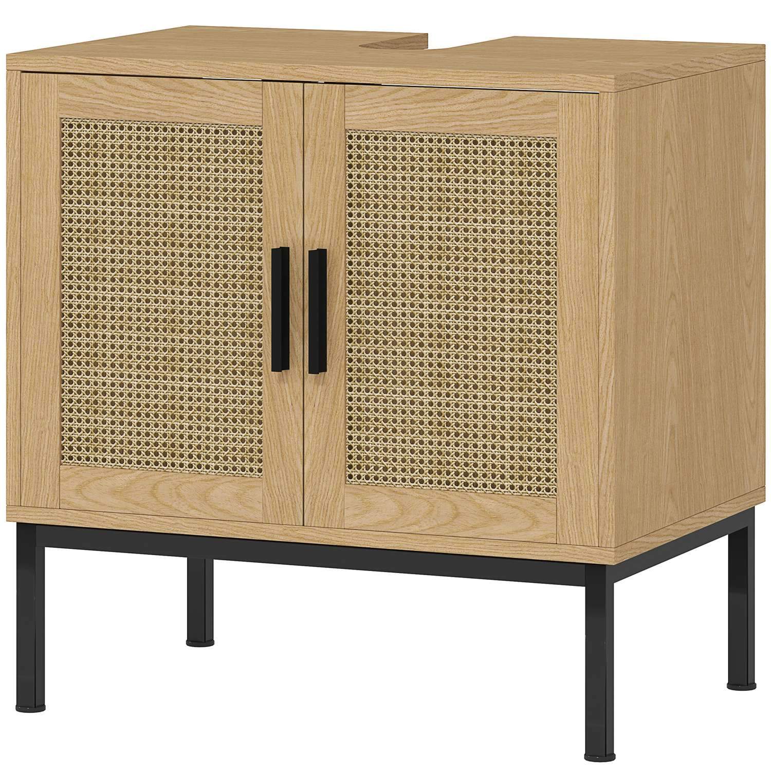 Vask underskab med skabsrum, vaskeskab med rattan look, badeværelses underskab med vippebeskyttelse, eg, 60 x 39 x 60 cm