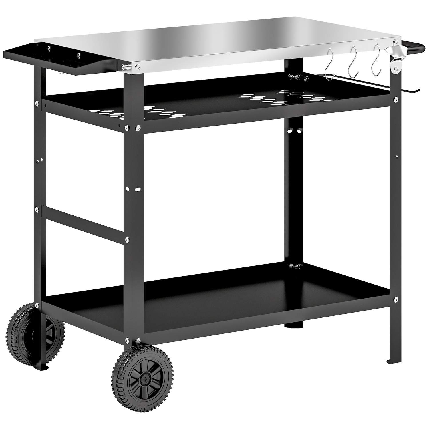 Grillvogn 3-etagers serveringsvogn med bordhåndtag dækkehjul, højdejusterbart BBQ grillbord rustfrit stål, grillsidebord, udendø