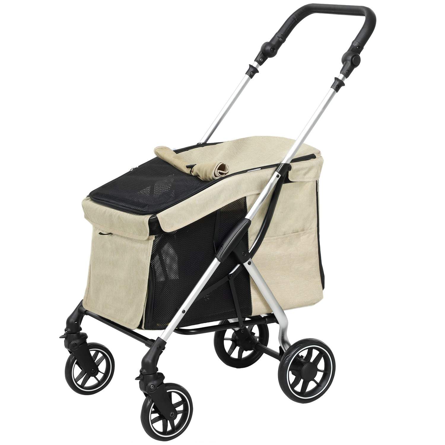 Hundeklapvogn, let hundevogn af aluminium, foldbar til hunde og katte op til 10 kg, kattevogn med hynder, netvinduer, døre, opbe
