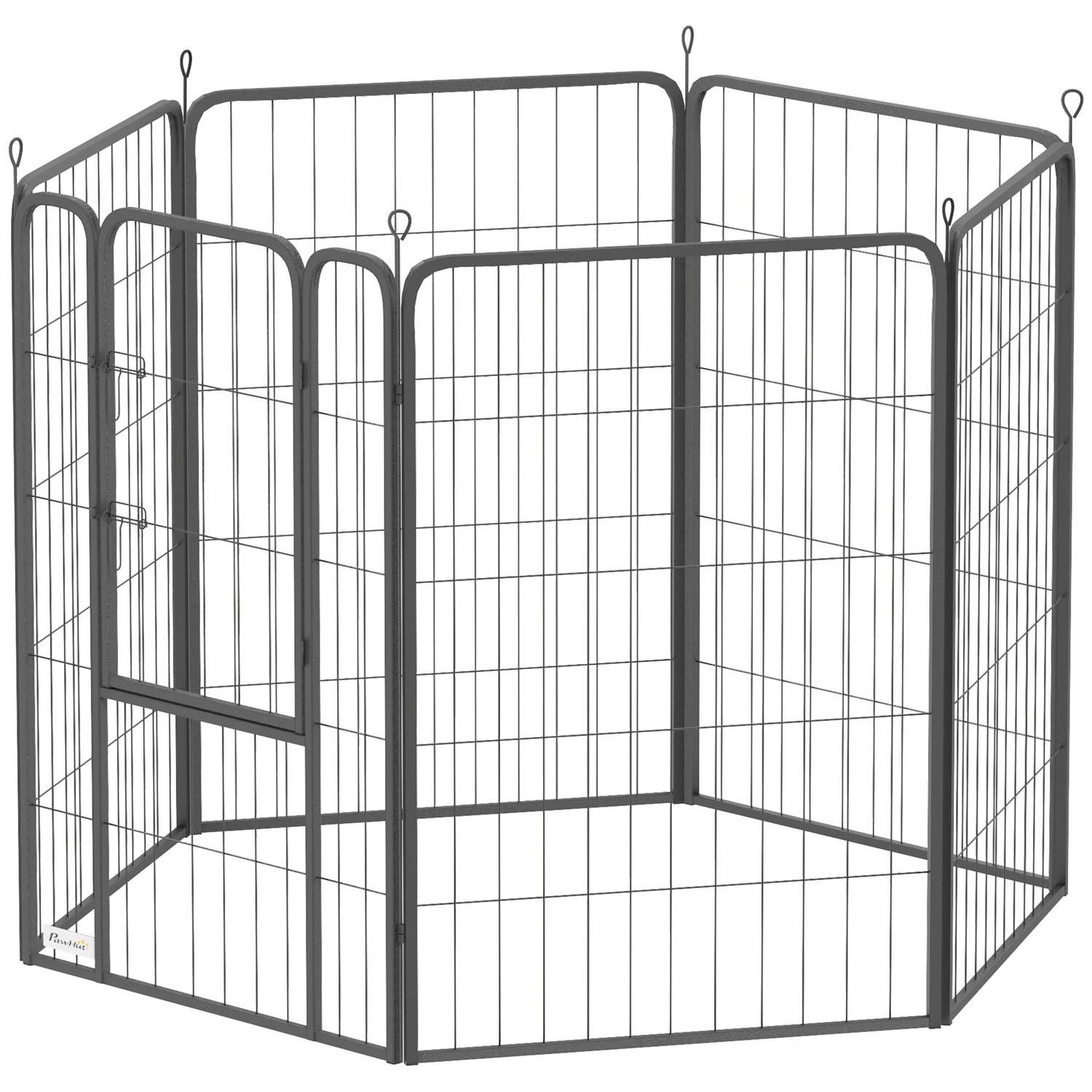 Hvalpegård, sekskantet, hvalpegård med 6 gitterpaneler, dør, fleksibel, foldbar, beskyttende presenning, udendørs indhegning, 10