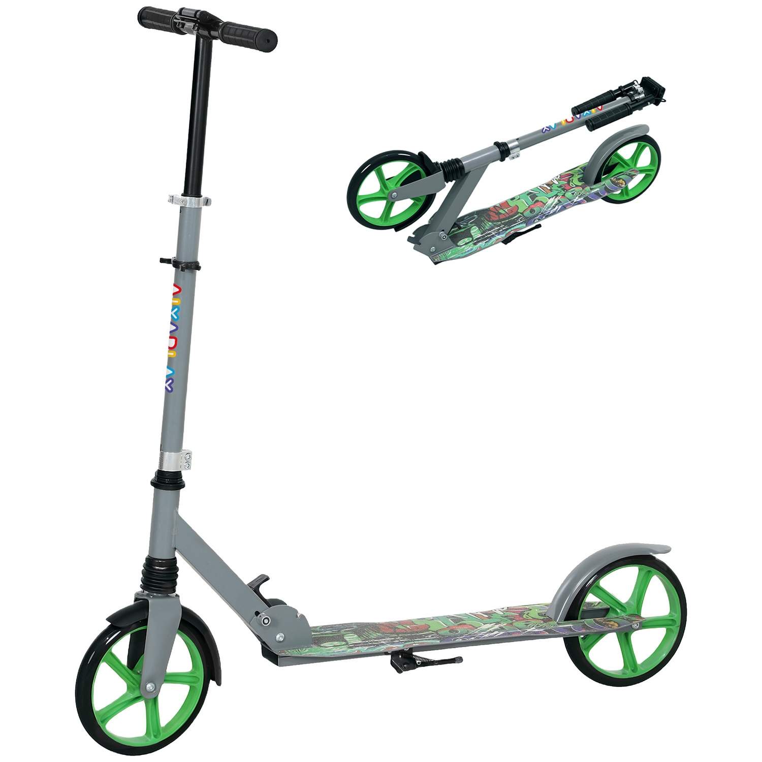 Scooter børnefoldbar børnescooter med justerbar styrhøjde, 2 store hjul, bagskærmsbremse, sparkescooter til børn fra 6-12 år Grø