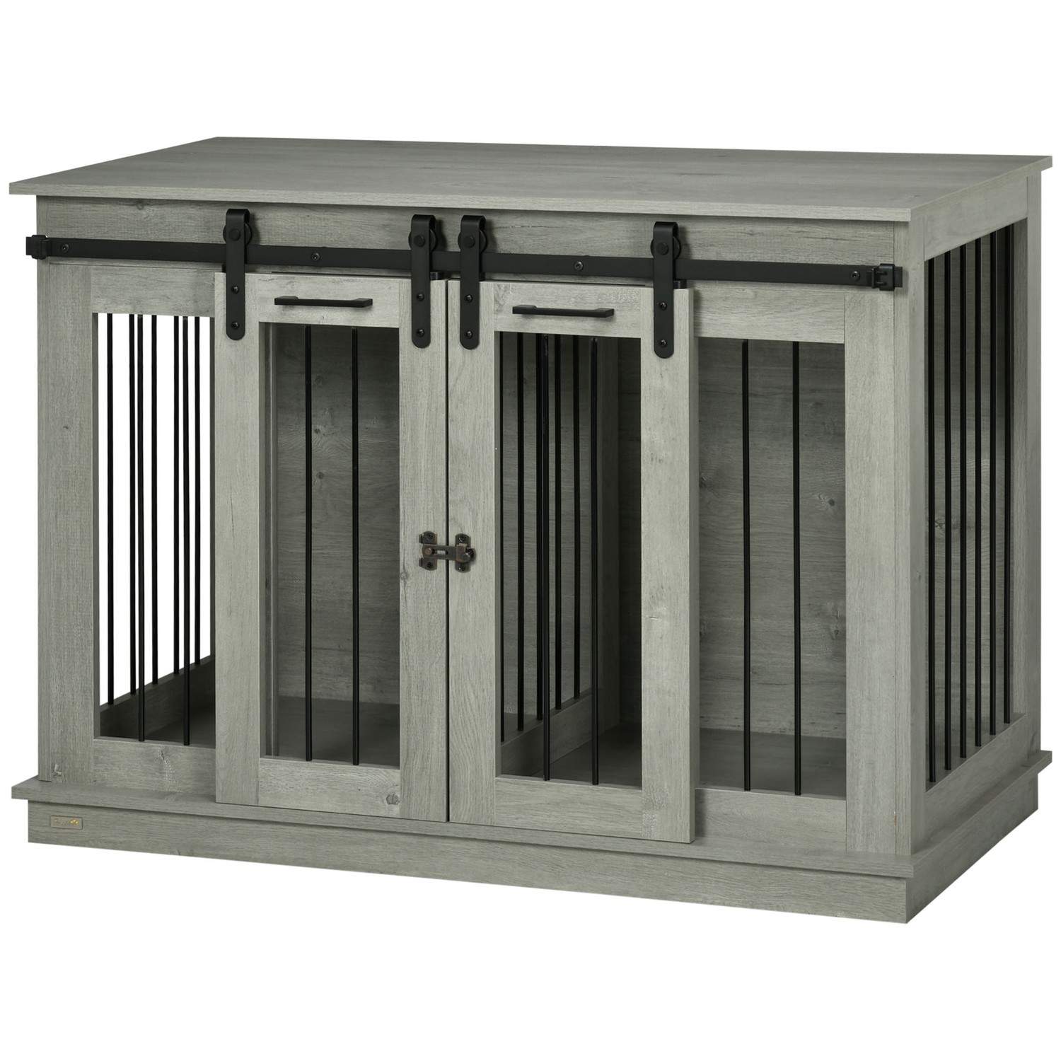 Hundebur, kæledyrsbur, Hundehus med mulighed for to rum til mellemstore hunde, Hundebur med dobbeltdøre, Hundehus, Grå, 120 x 60