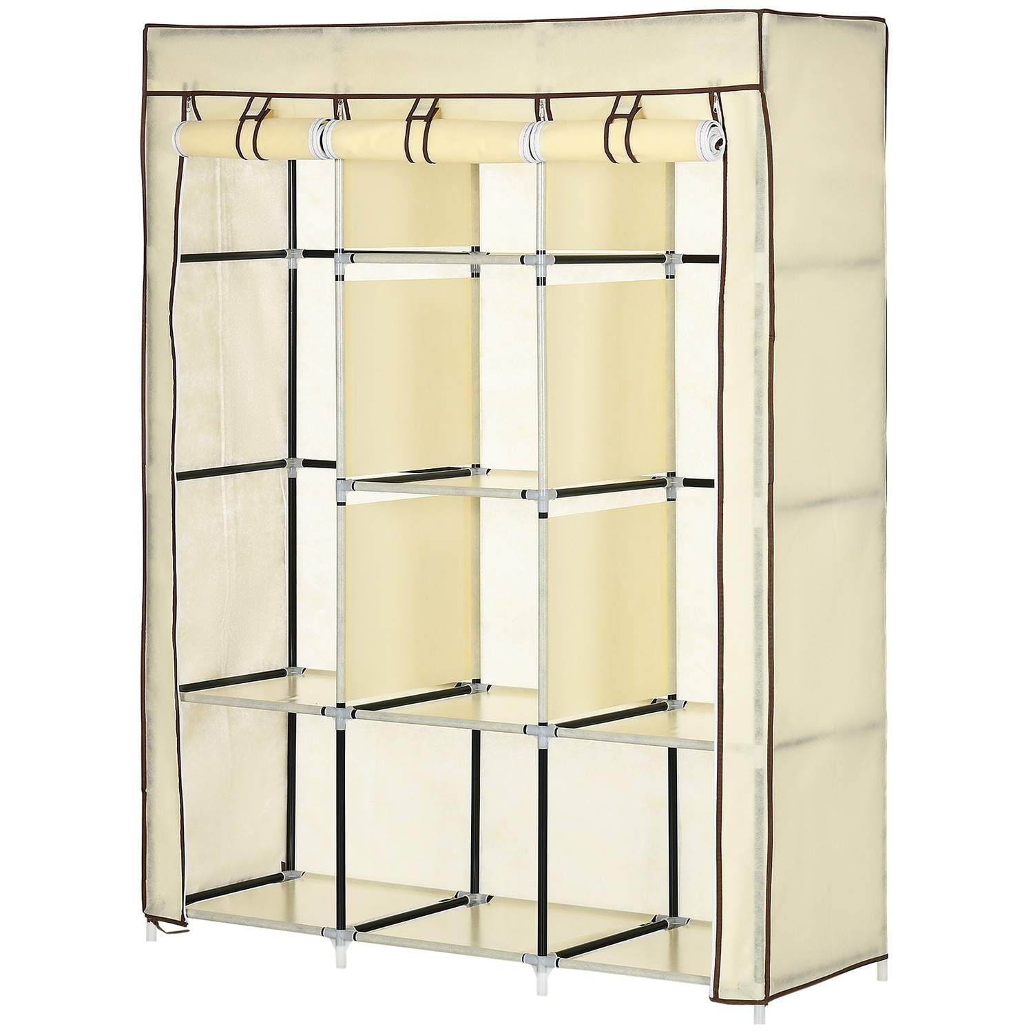 Stofgarderobe, garderobe med bøjlestang, 8 plan, foldegarderobe, foldbar garderobe til soveværelse, entre, fiberdug, cremehvid,