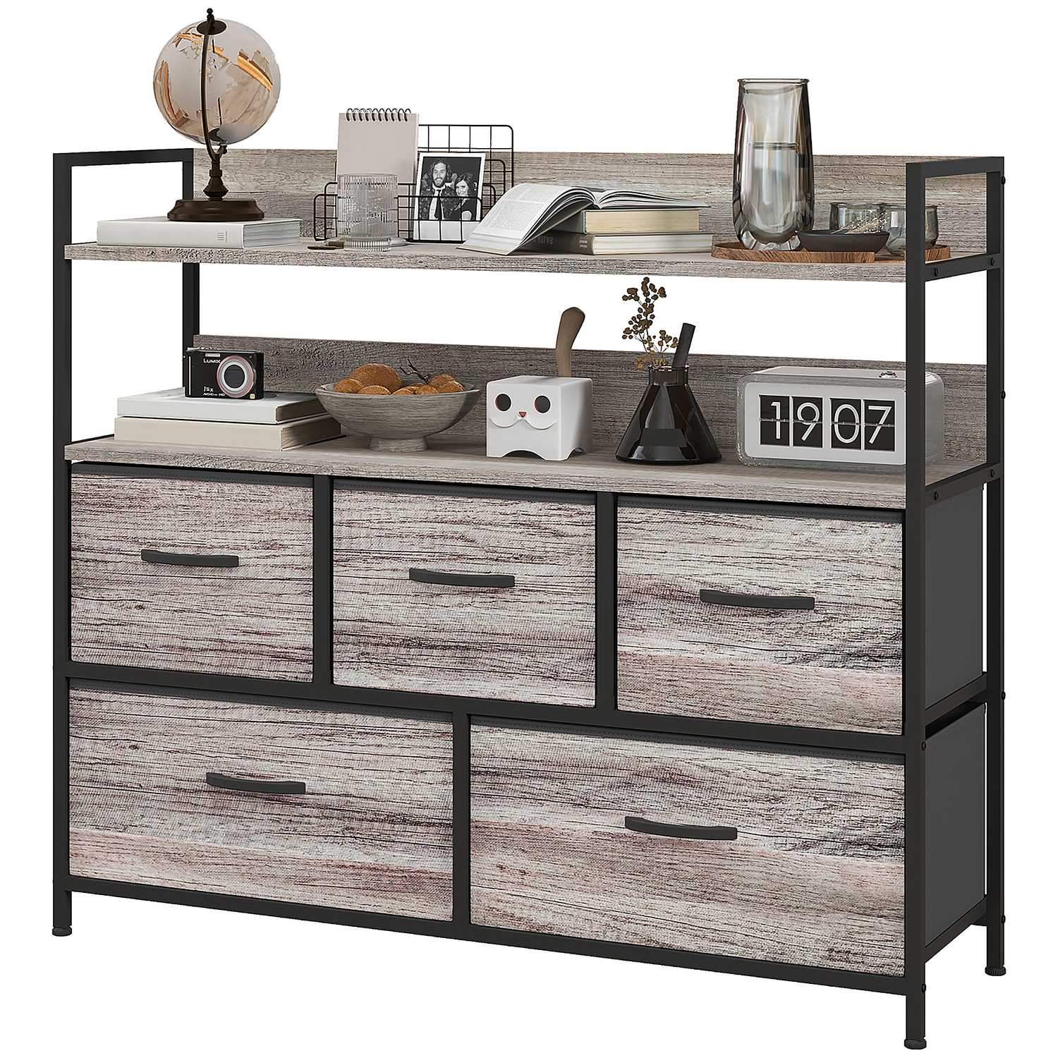 Byrå med 5 lådor Tygförvaringsskåp Byrå med 2 hyllor Stålram Modern Design för Vardagsrum Sovrum Grå Aosom | Elektronik - Tillbehör Mobil & Surfplatta - Mobiltillbehör - Mobilkablar - Tillbehör | Pryloteket