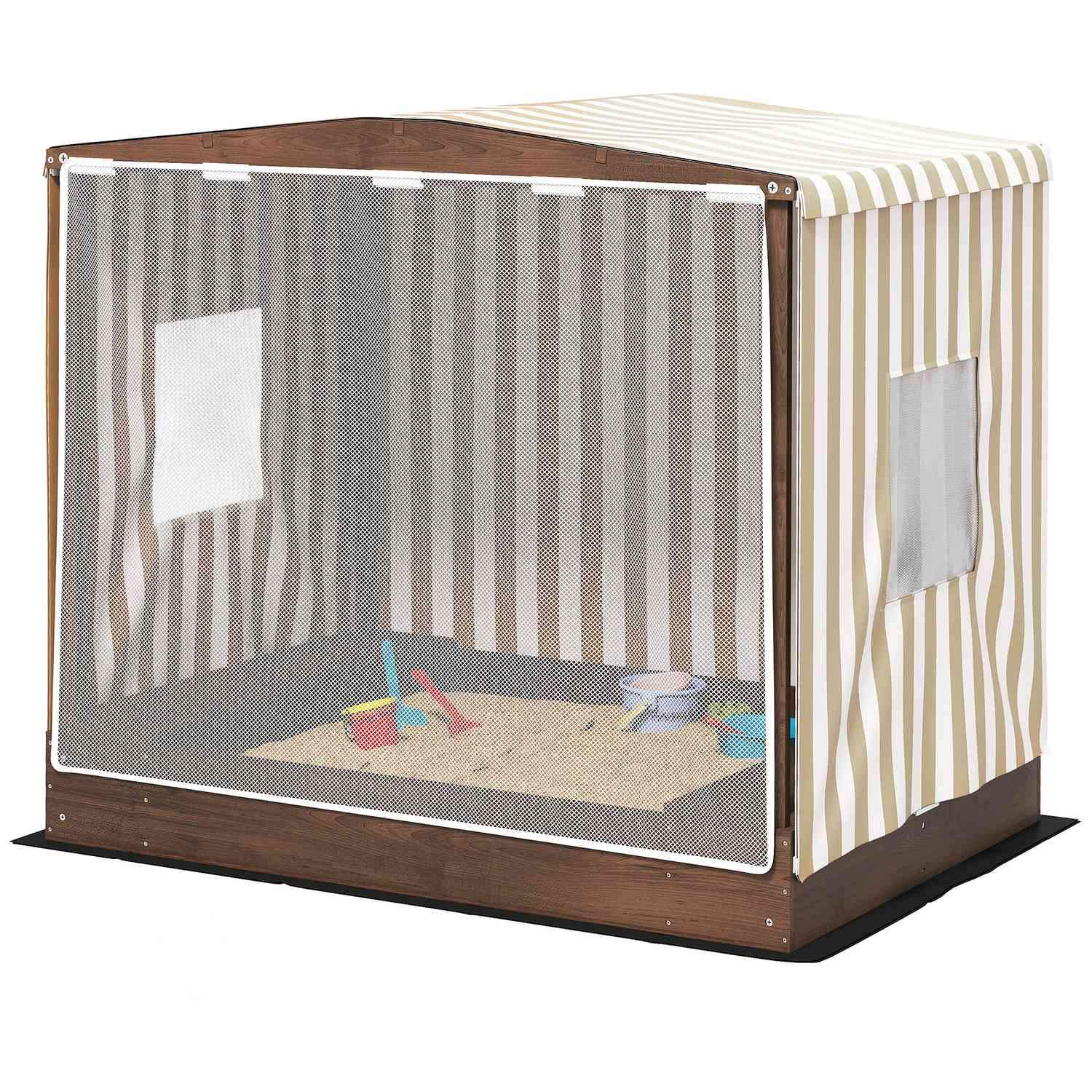 Sandkasse med baldakin og netdør, 142 x 101,5 cm træsandkasse med bænk, opbevaringsplads, gulvbeskyttelse, til 4 børn 3-6 år bru