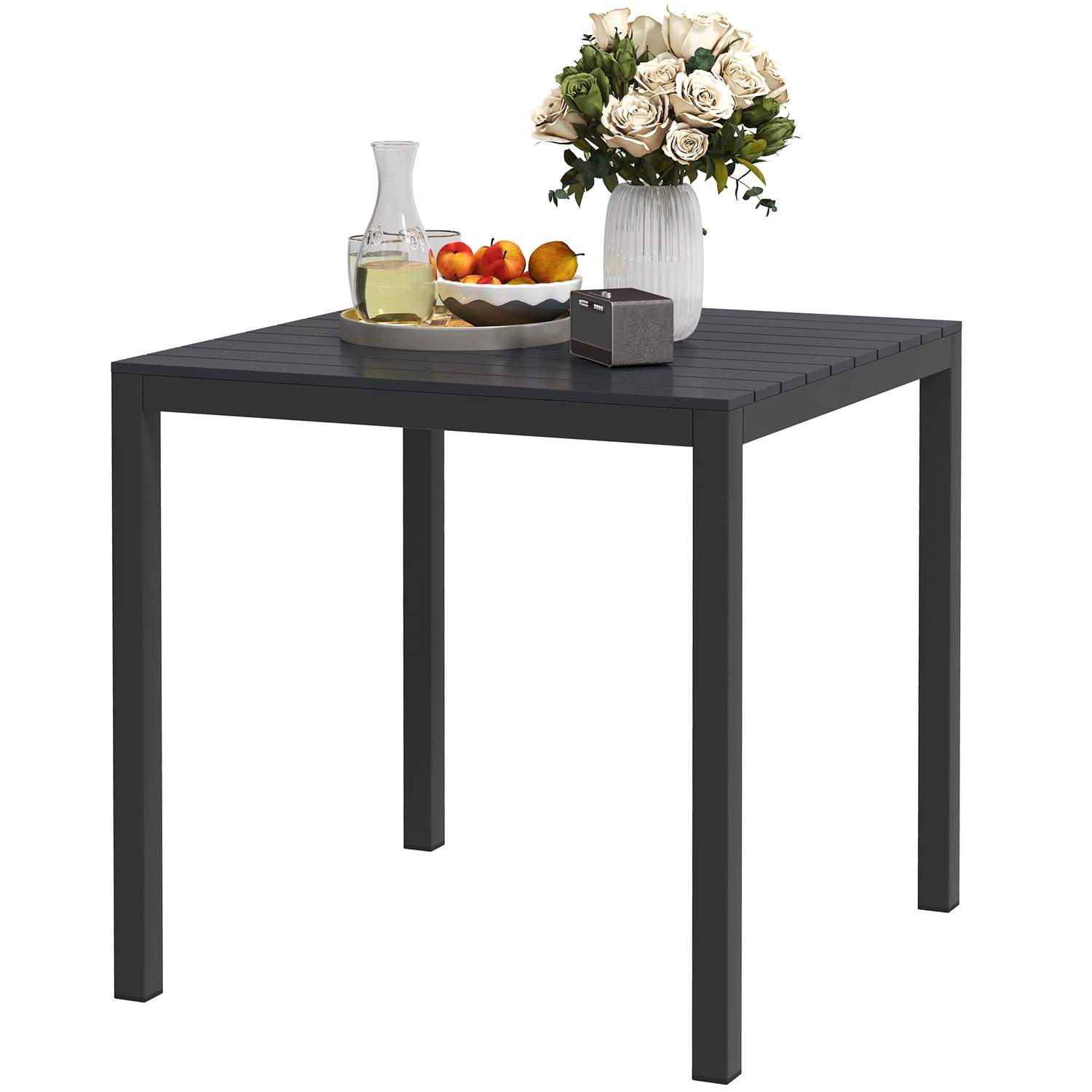 Havebord aluminium 73x73 cm vejrbestandigt buffetbord med trælook, campingbord til 4 personer, skridsikkert altanbord, udendørs