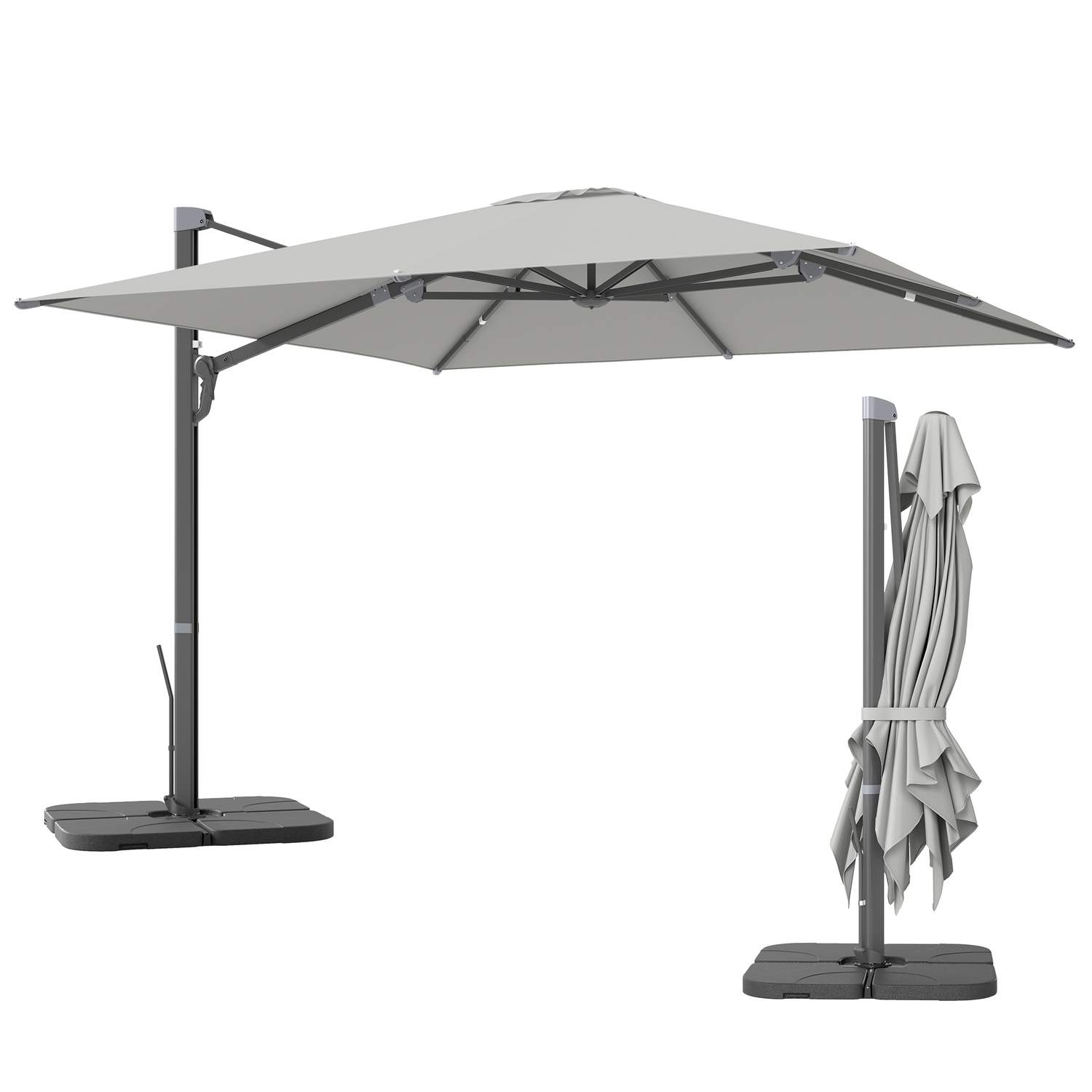 Aluminiums Cantilever Paraply 3 x 3 m 360° Roterende Parasol med Krankstativ Vipbar Vandafvisende Market Paraply Højdejusterbar