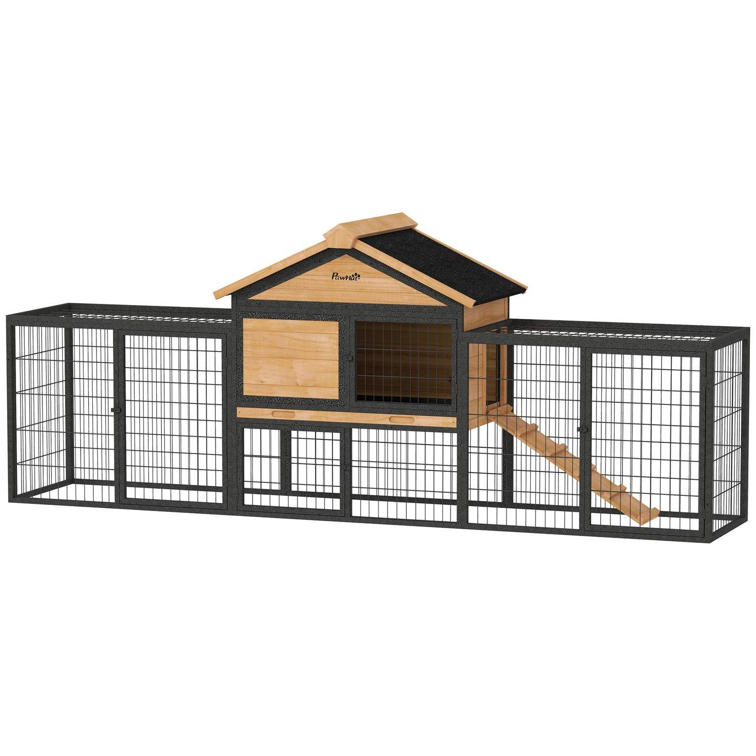 Kaninbur 2 plan med sadeltag Kaninbur af massivt træ Vintertæt Dobbeltdækkerhus med udendørs indhegning 217x53x86 cm Kaninbur Ud