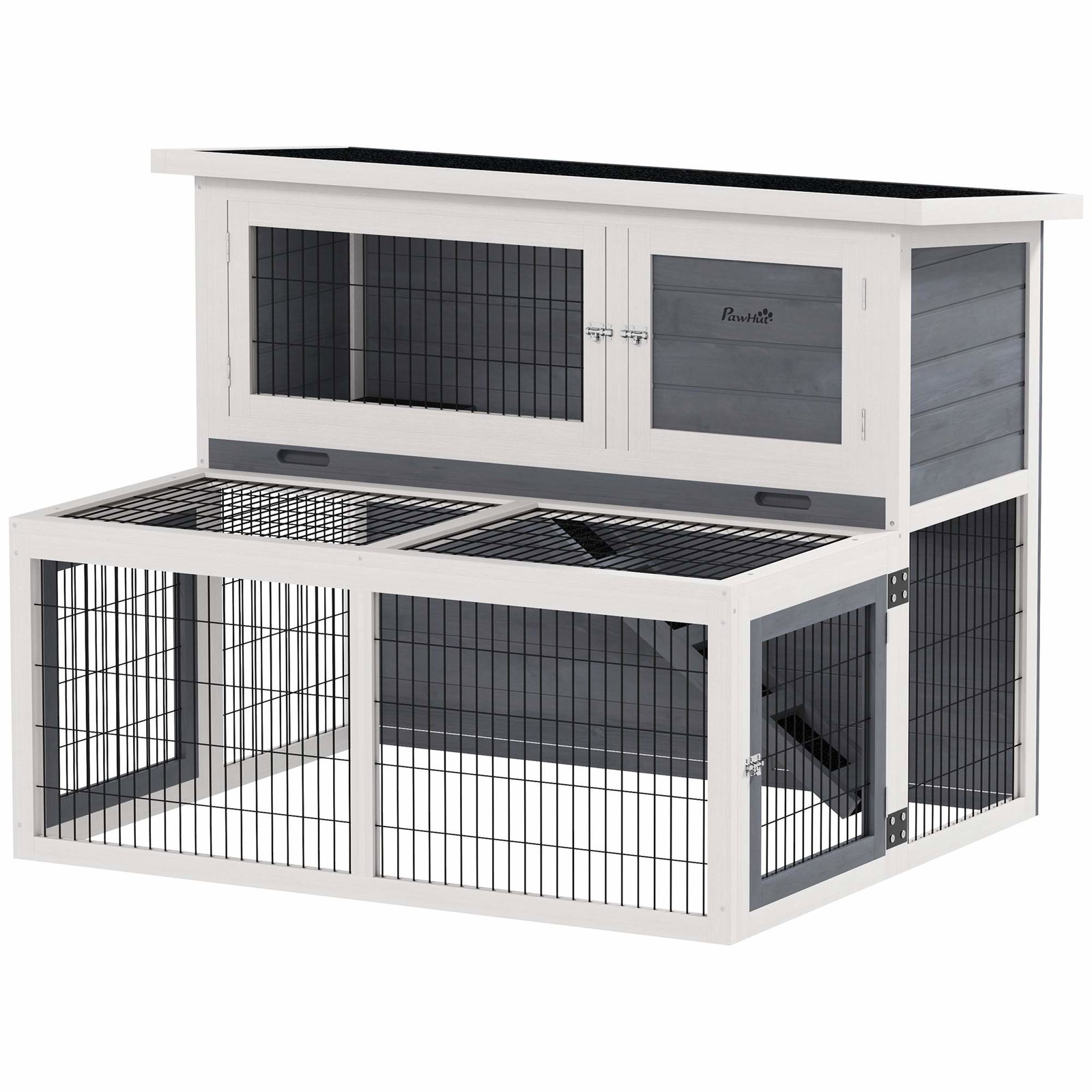 Kaninbur 2 plan med foldetag Kaninbur af massivt træ Vintertæt dobbeltdækkerhus med udendørs indhegning 122x95x93,5 cm Kaninbur