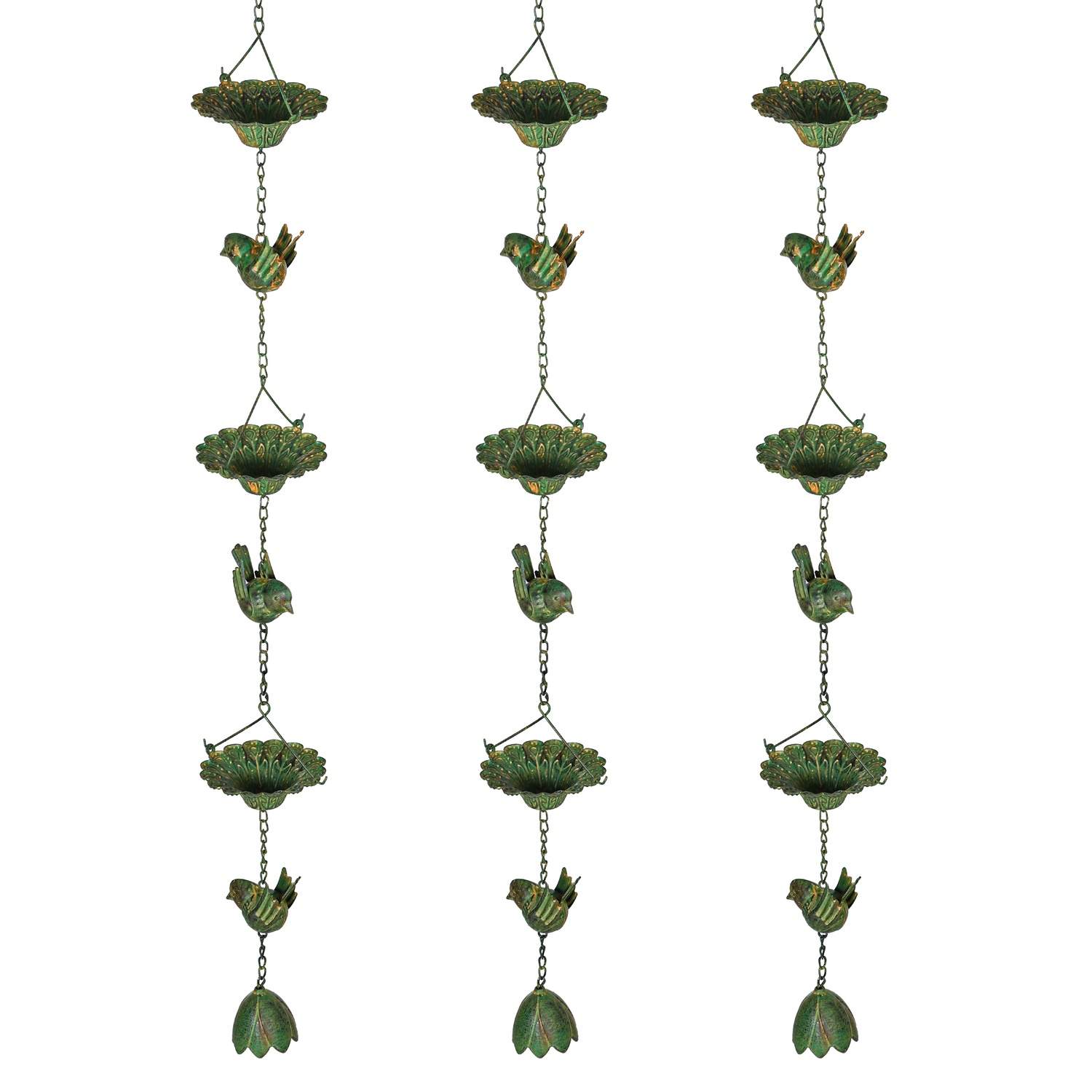 Sæt med 3 regnkæder, 123 cm, metal regnafløbskæde, afløbskæde med påsat bøjle, fugle, klokke, tagrendekæde, regnvandskæde, regnf