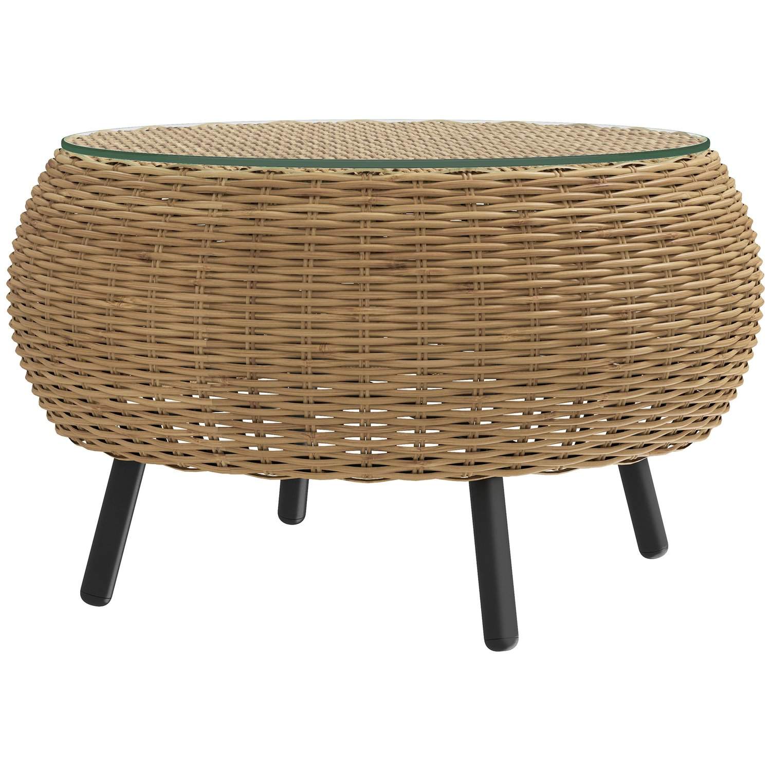 Sidebord af polyrattan, rundt sofabord, sofabord med glasbordplade, altanbord, havebord, sofabord, tebord, rattanbord til haven,