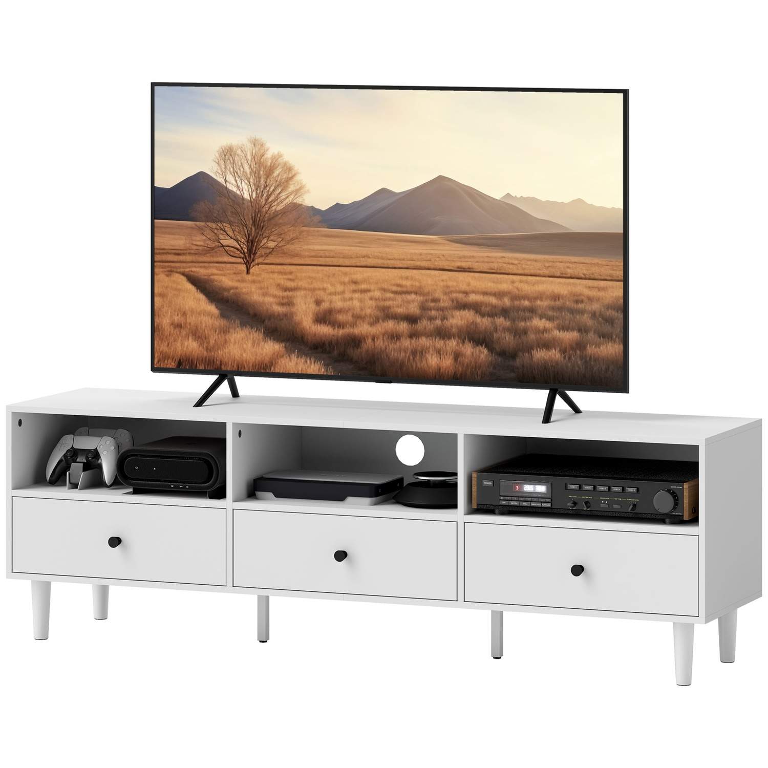 Tv-skab Tv-tavle med skuffer, 3 åbne rum 140 cm lang tv-lowboard med kabelstyring til tv op til 75 tommer tv-bord til stue hvid