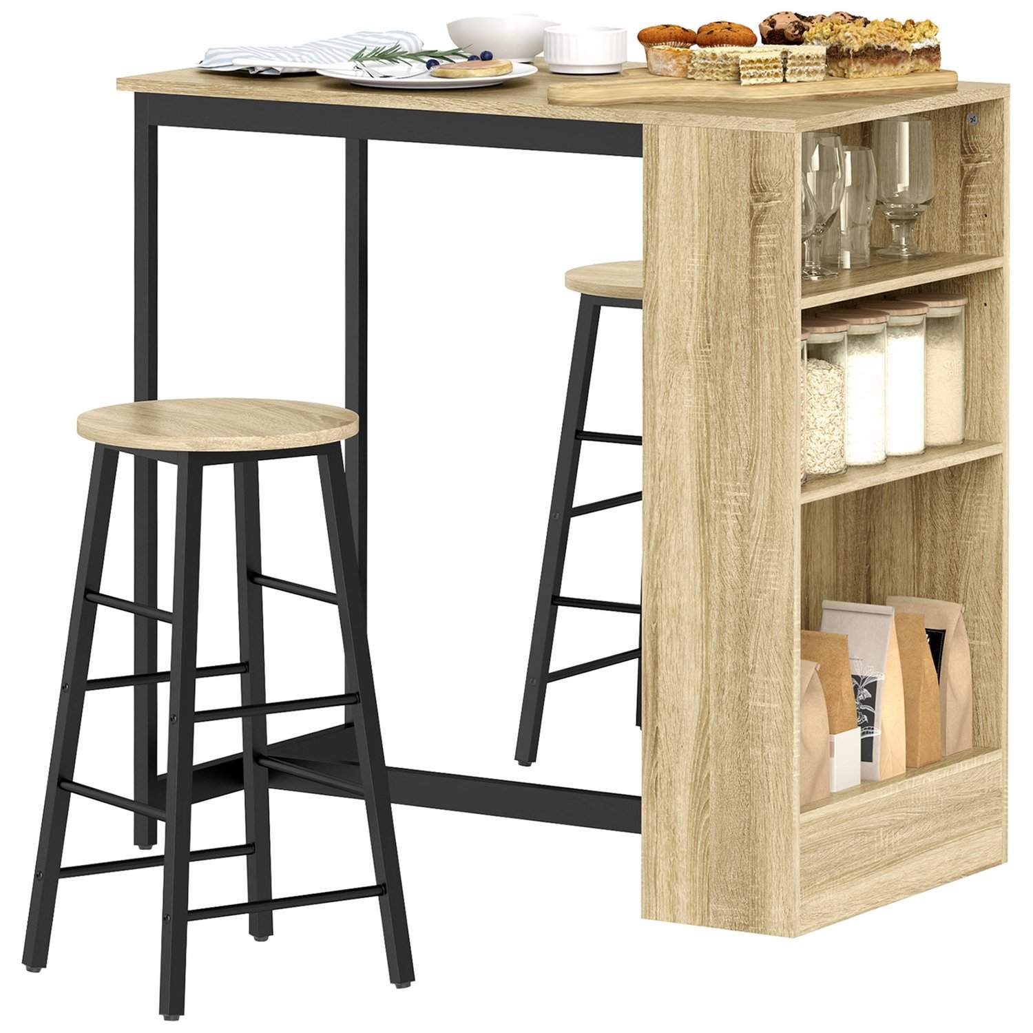 Barbord med barstolssæt, 3 stk. Bar Tabel Sæt med køkkenbord Opbevaring 2 skamler Fodstøtter Moderne Stil Pladsbesparende Spises