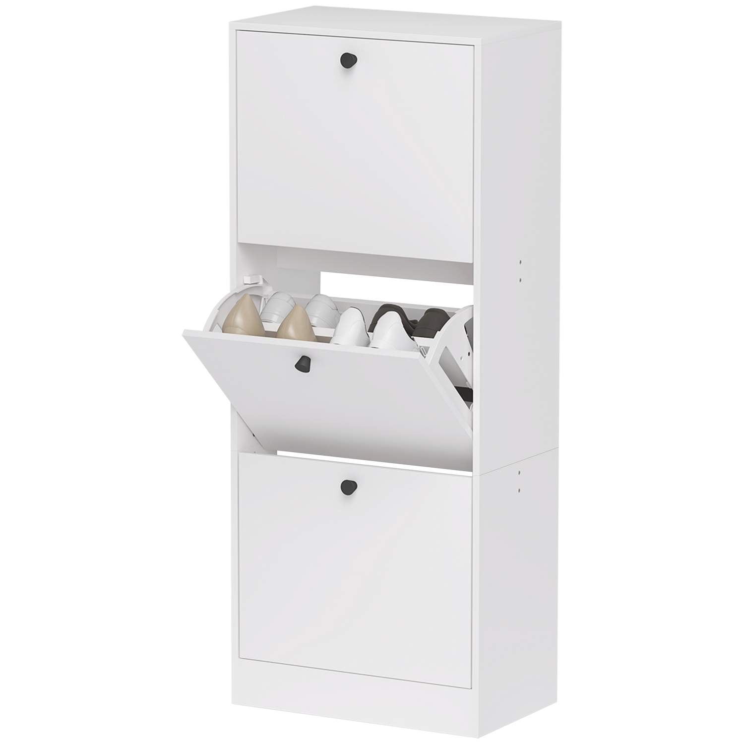 Skoskab med 3 klapper, skovipper, skohylde med justerbar skillevæg, smal skokiste til 12 par sko 47 x 28 x 115 cm, hvid