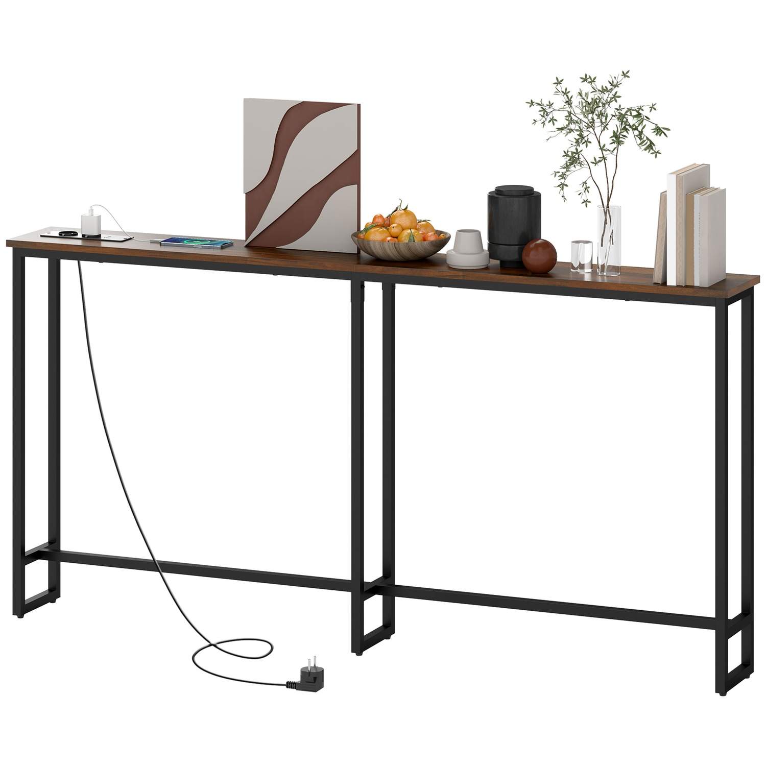 Konsolbord, gangbord med integreret ladestation, stålben, smalt sidebord i industriel stil til entre, entre, kontor, stål, 160 x