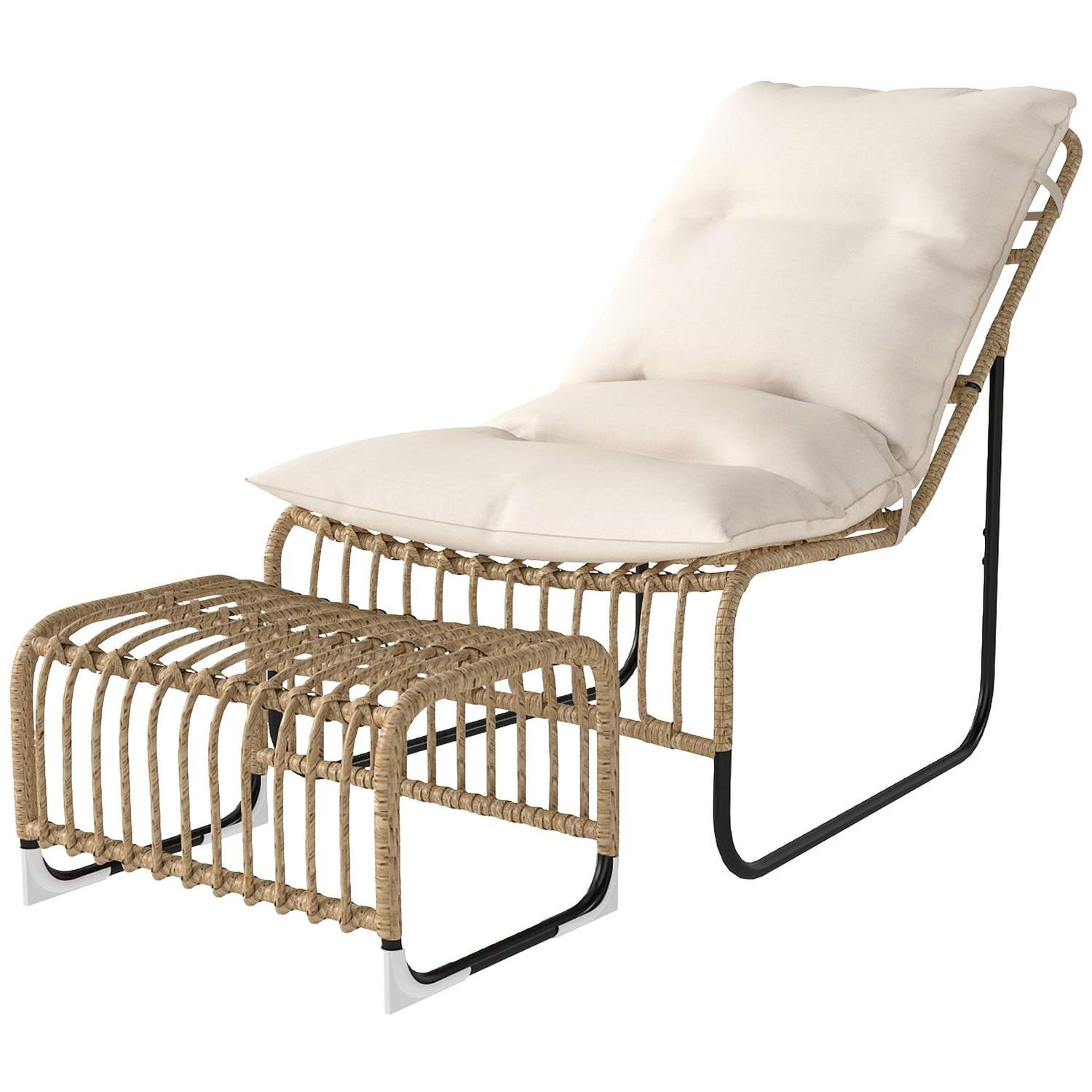 Afslapningsstol i rattan med fodskammel UV-bestandig havestol med hynderstropper udendørs rattanstol havestol til have, balkon,