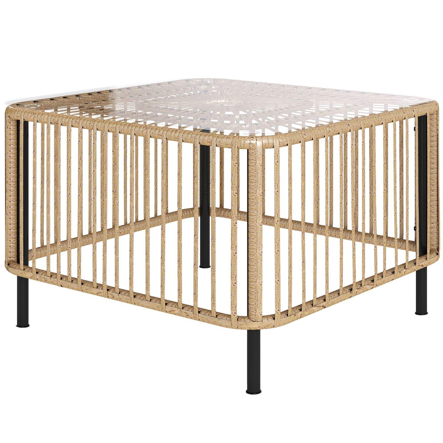 Havebord i polyrattan, 65 x 65 x 43 cm, vejrbestandigt sidebord, firkantet terrassebord med glasplade, sofabord, altanbord, have