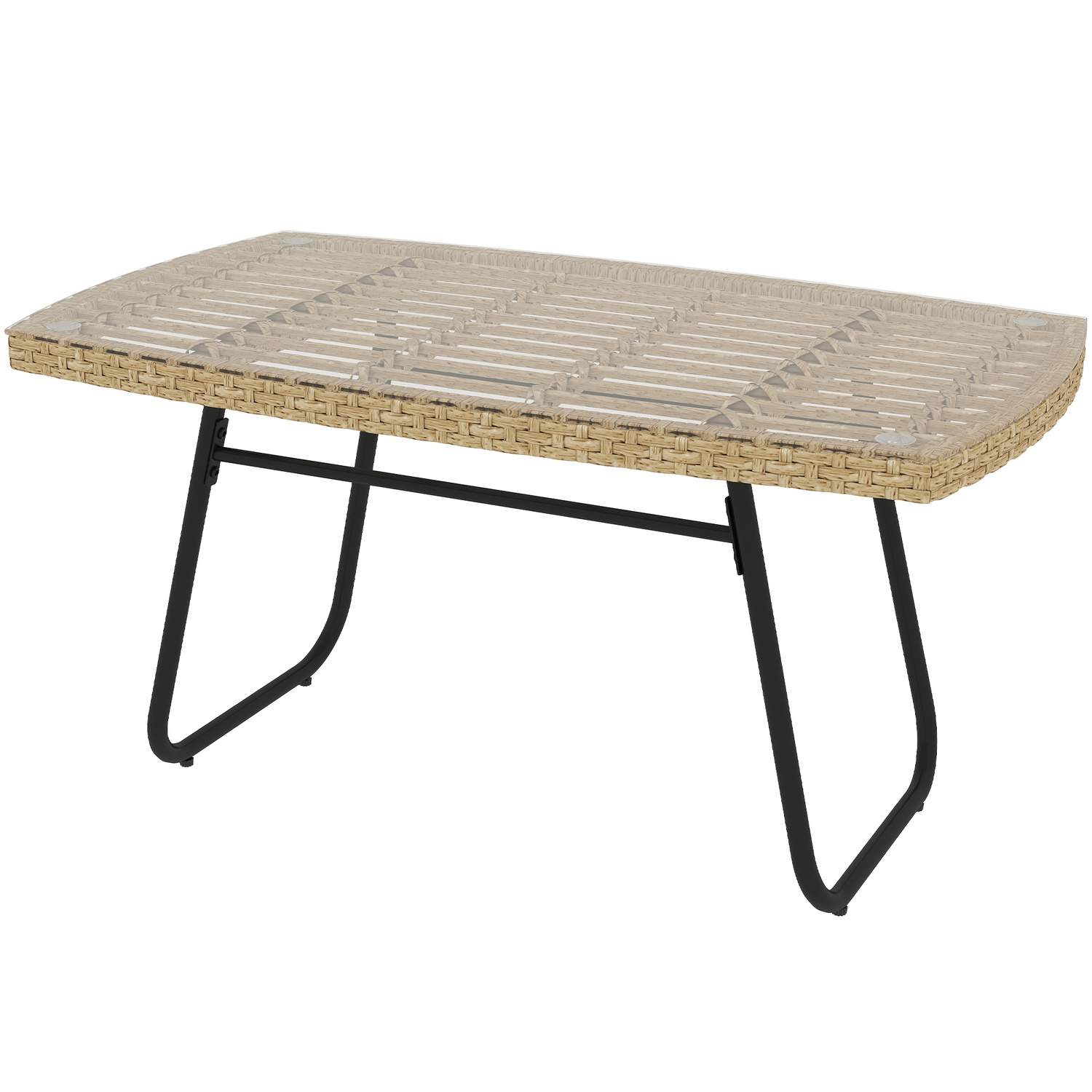Havebord i polyrattan, 90 x 50 x 45 cm, UV-bestandigt sidebord med glasplade, rektangulært terrassebord, altanbord til haven, te