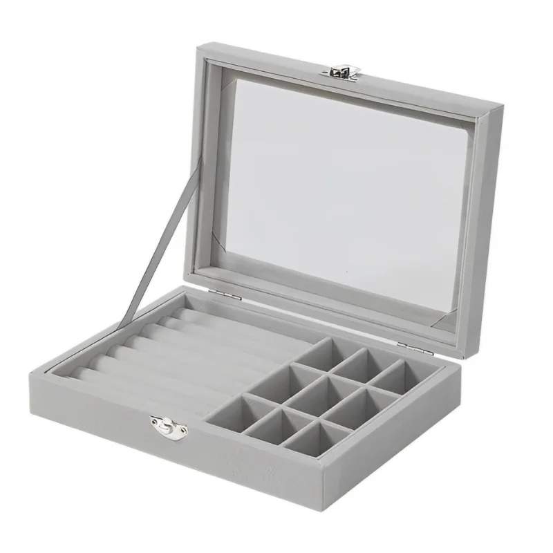 Herzberg HG-05361: Fløjlssmykkebeholder med glaslåg, 9 gitter + 7 ringåbninger