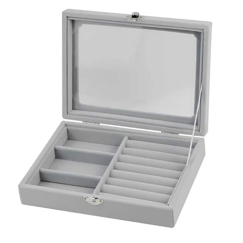 Herzberg HG-05330: Fløjlssmykkebeholder med glaslåg, 3 gitter + 7 ringåbninger