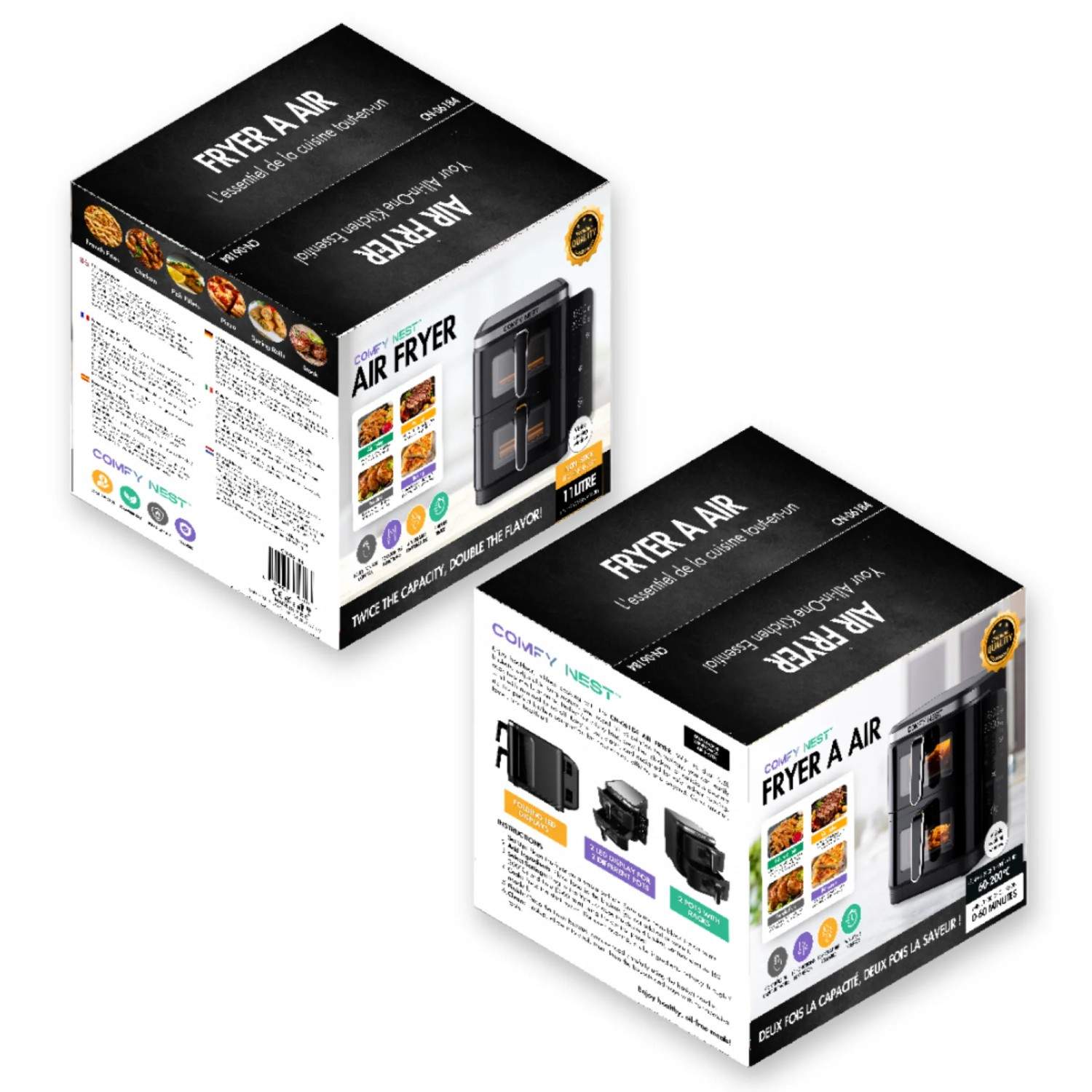 Comfy Nest CN-06184: 2800W Air Fryer med dobbeltkurv med vindue og sidepanel - 11L