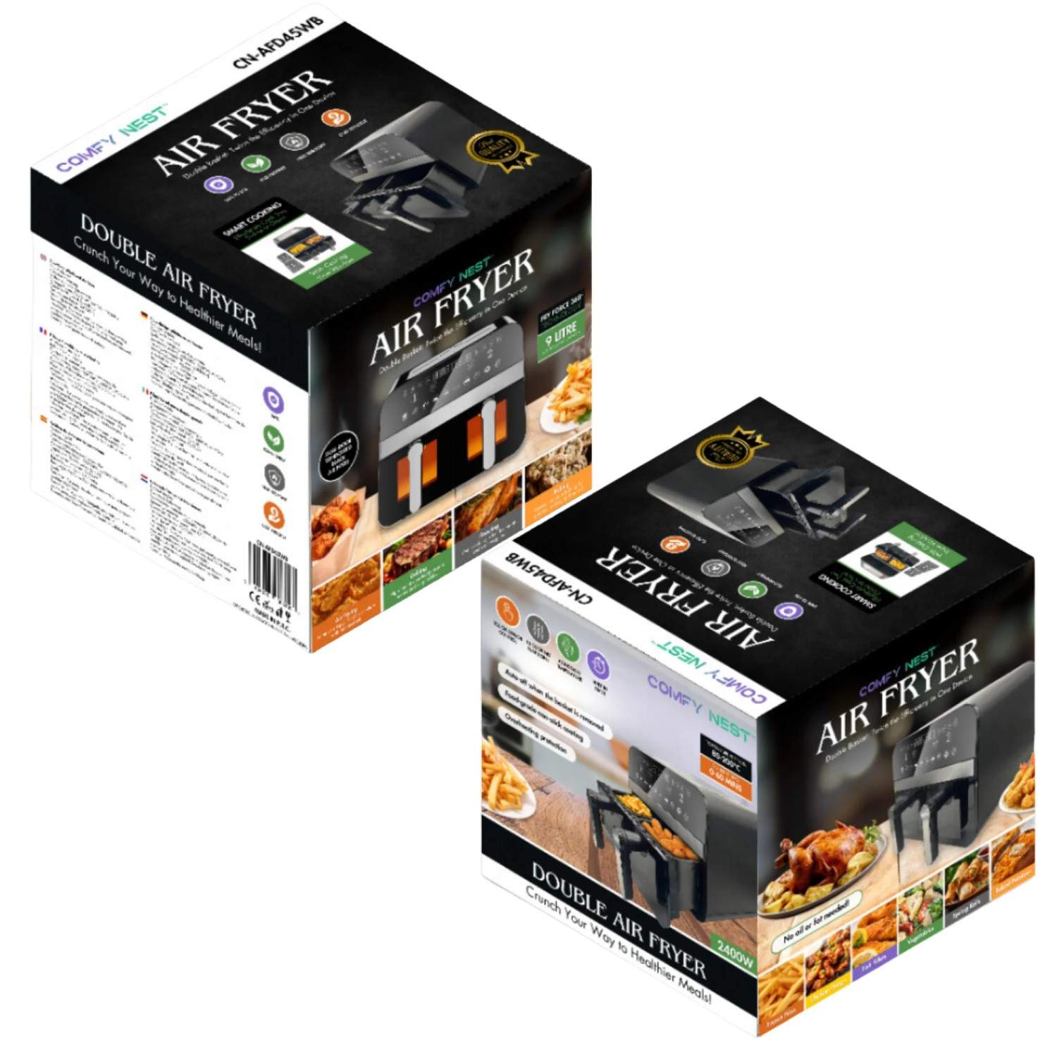 Comfy Nest CN-AFD45WB: 2400W sort dobbeltkurv digital luftfrituregryde med vindue - 9L