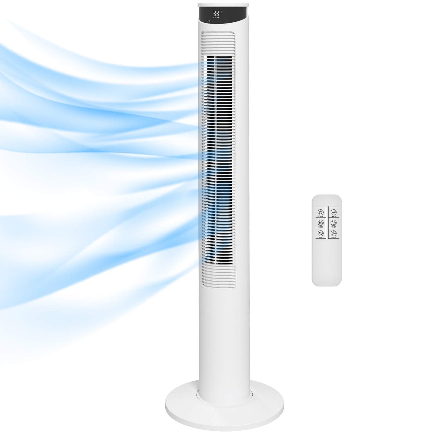 Tårnventilator, piedestalventilator med 3 ventilationsniveauer, fjernbetjening, 45W ventilator med 12H timer, 70° svingning, til