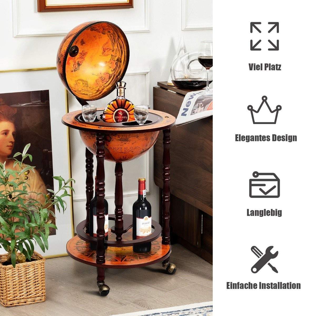 Globusbar-baarivaunu Globus Bar -kotibaari, jossa on pyörällinen viiniteline