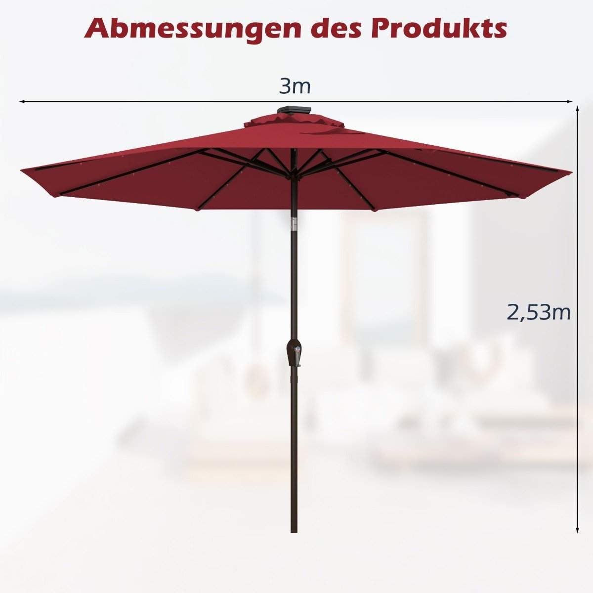 LED-belysning cantilever paraply rund parasol solcelledrevet haveparaply håndsving rød ø 3M