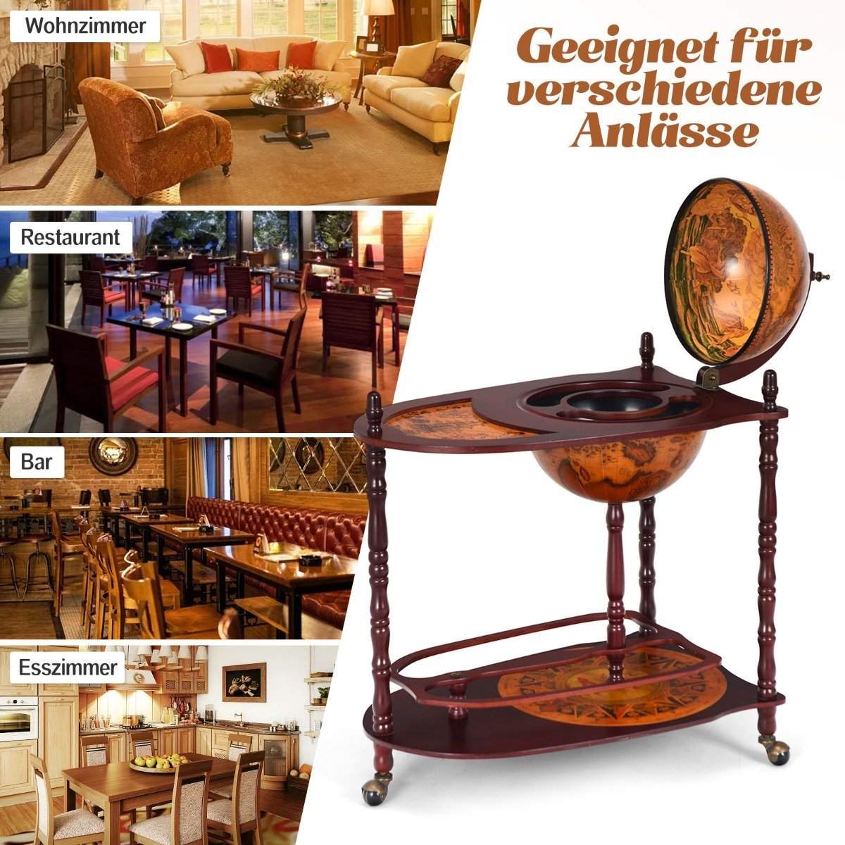 Globestang lavet af eukalyptustræ på 3 hjul til åbning af flaskeholder til hjemmebar