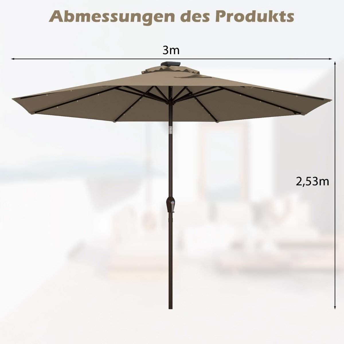 LED-belysning cantilever paraply rund parasol solcelledrevet haveparaply krank brun diameter 3M