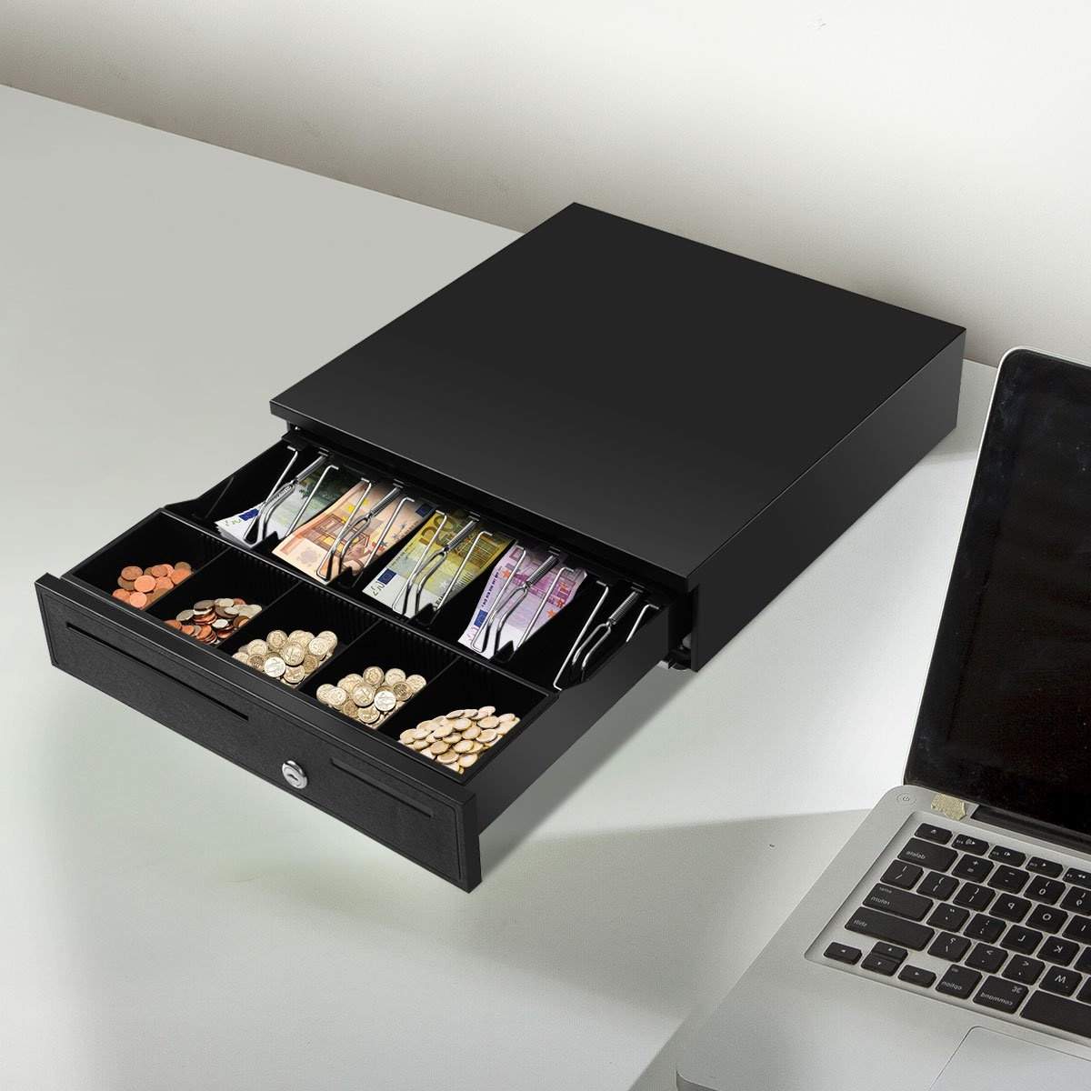 Kasseskuffe Kasseskuffe Kasseskuffe Metalskuffe Pengeboks 5 møntrum 4 seddelrum 40,5x42X9cm