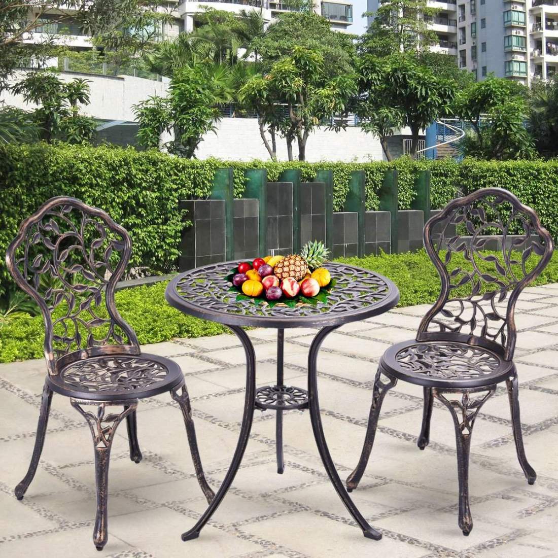 3-delad antik gjuten aluminium bistroset balkongset sittgrupp trädgårdsbord med 2 stolar svart | Hem & Hobby - Hem & Hushåll - Balkong | Pryloteket