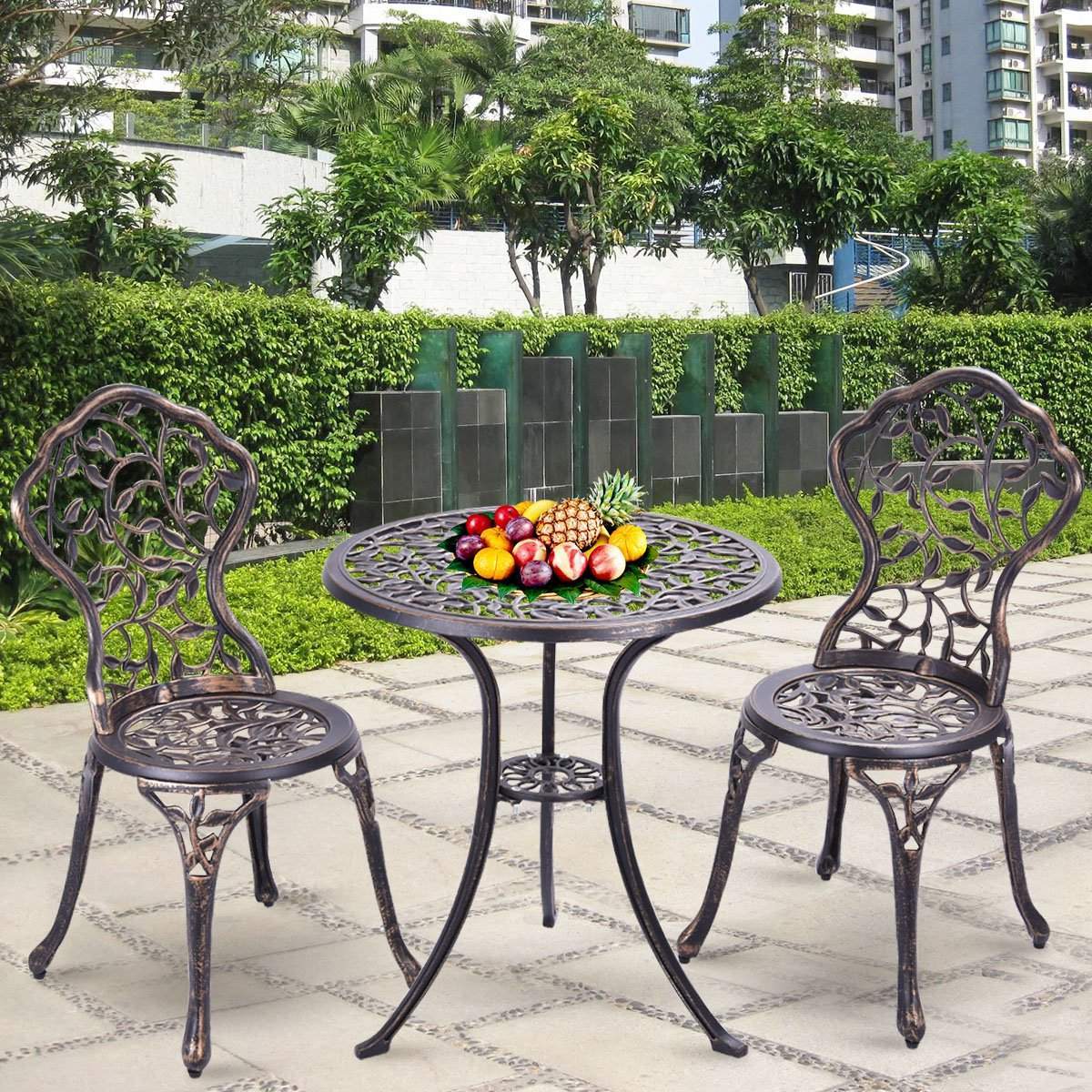 3-delt antik støbt alu bistrosæt altansæt siddegruppe havebord med 2 stole sort