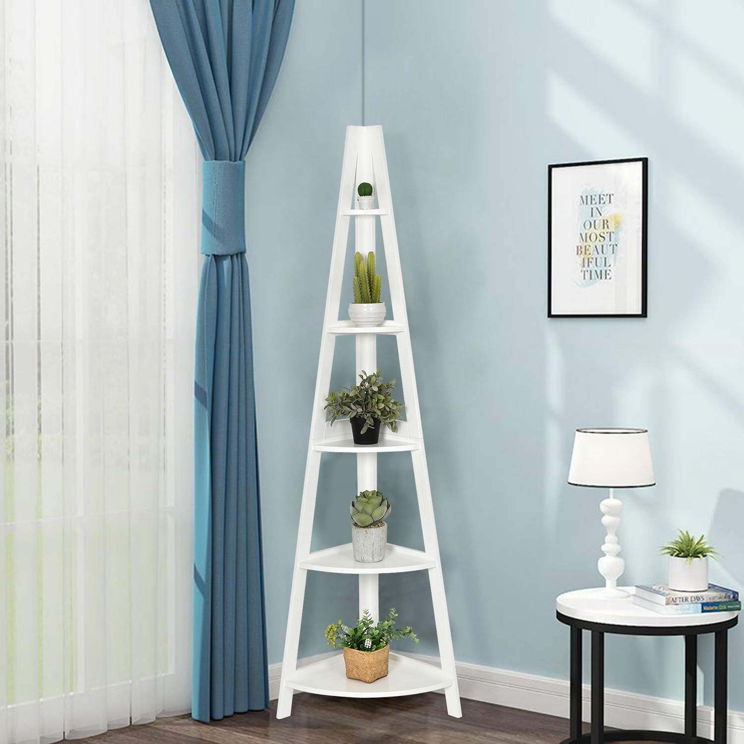 Filhylde 5 hylder Stigestil A-formet Ståhylde Hjørnehylde Træ Hvid