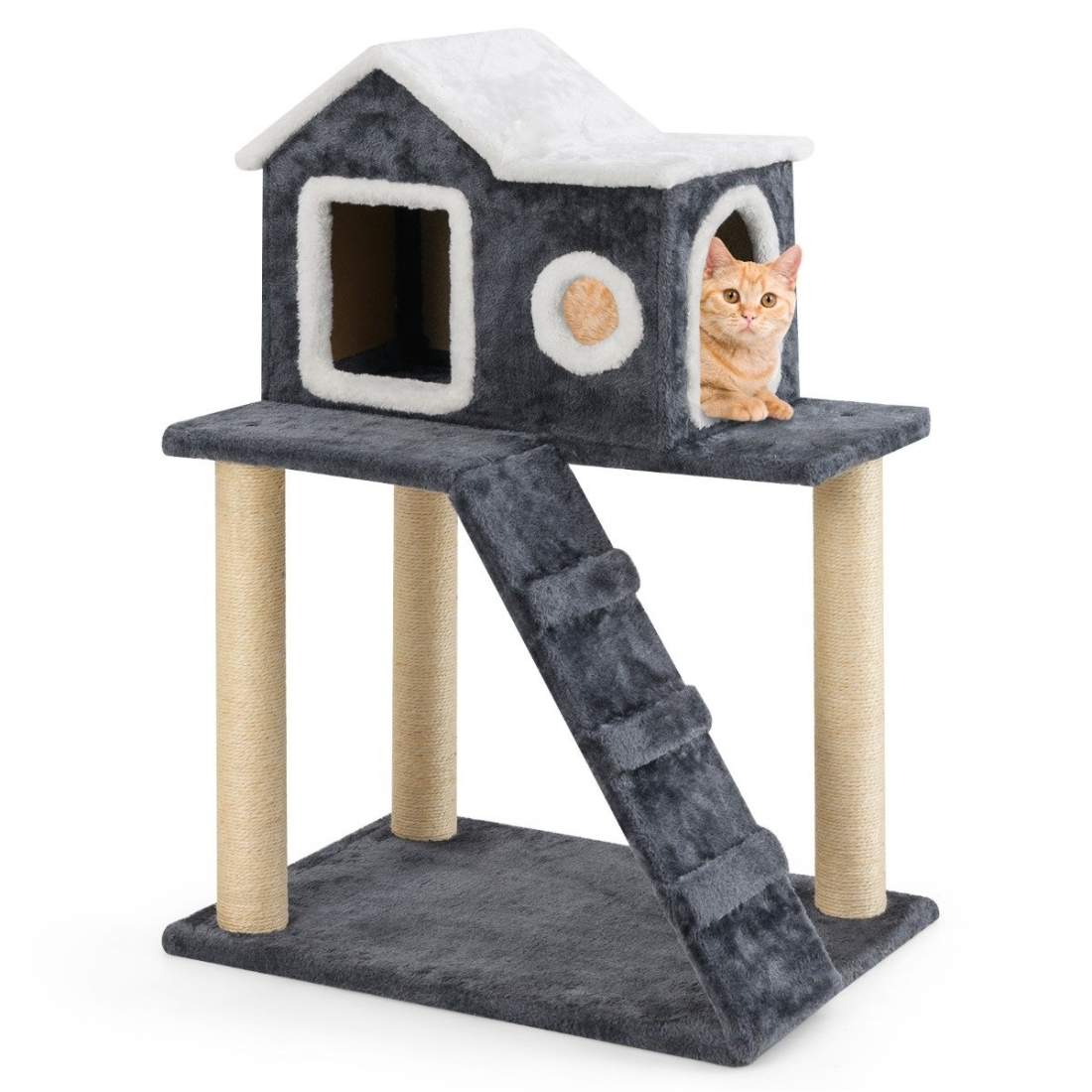 90 cm hög skrapstolpe med stor grotta & stege & sisalstolpar Cat Tree Climbing Tree Grå | Hem & Hobby - Husdjur - Katt - Katträd | Pryloteket