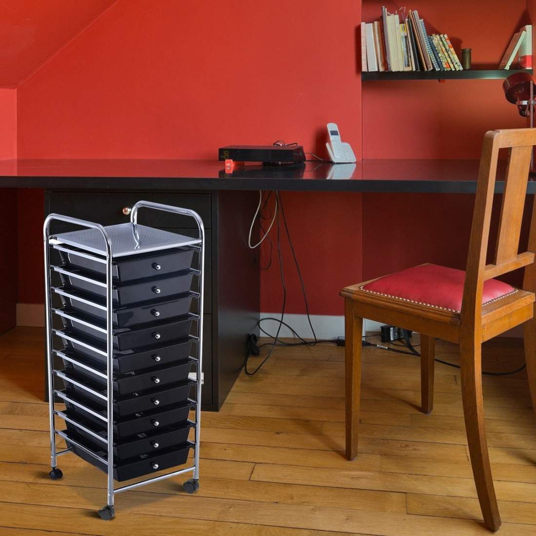 Rullvagn, rullcontainer, badrumsvagn, badrumsvagn, sidovagn med 10 lådor, svart | Mode & Accessoarer - Accessoarer | Pryloteket