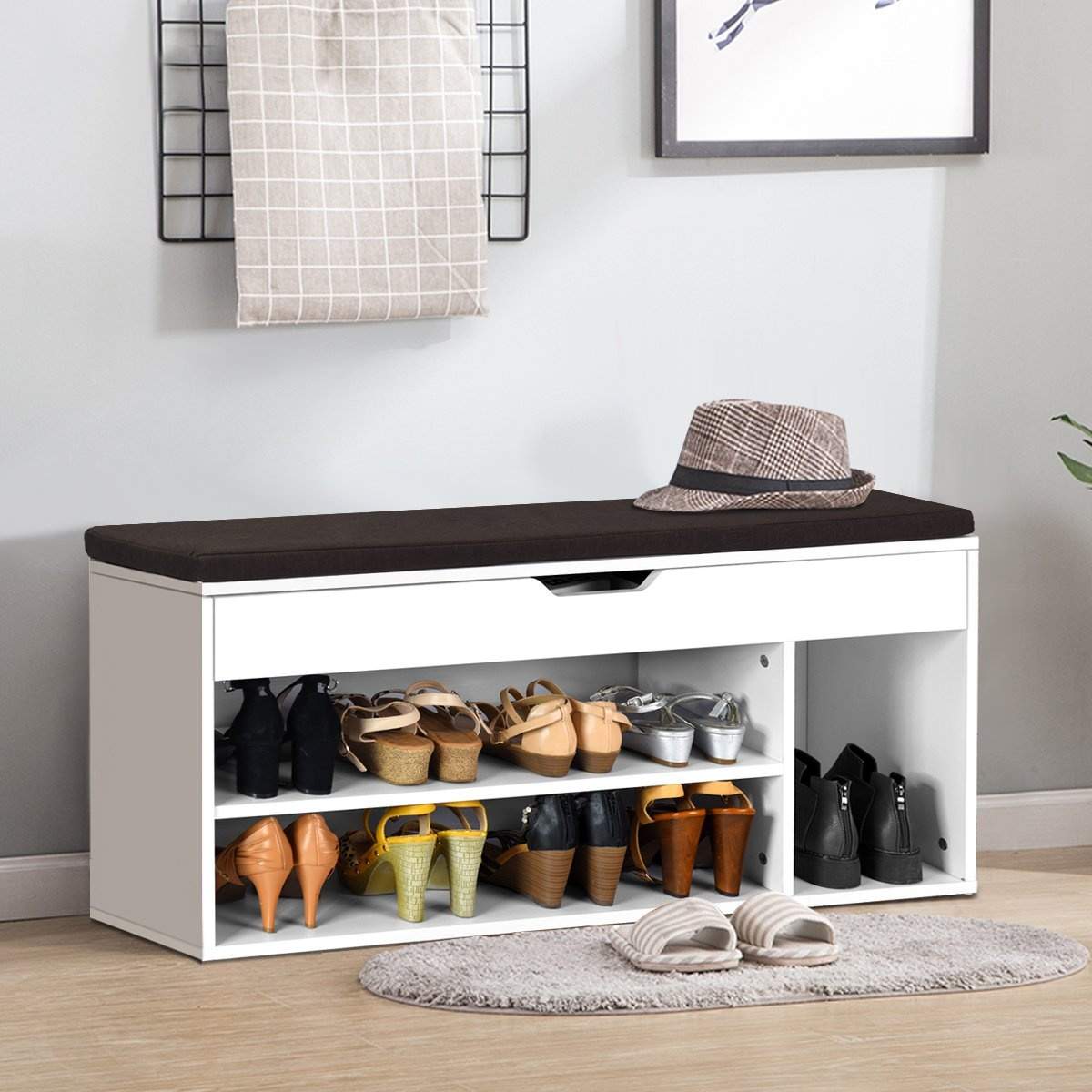 Skobænk sko kommode skohylde med sædehynde træ 104 x 48 x 30 cm hvid/naturhvid