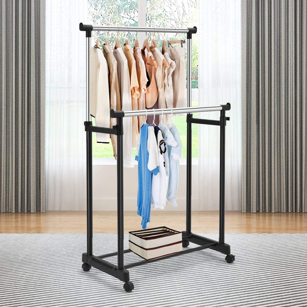 Klädställ, höj- och sänkbar klädhängare, rullande klädhängare med hjul, svart, 86 x 43 x 94-168 cm | Mode & Accessoarer - Kläder - Klänningar | Pryloteket