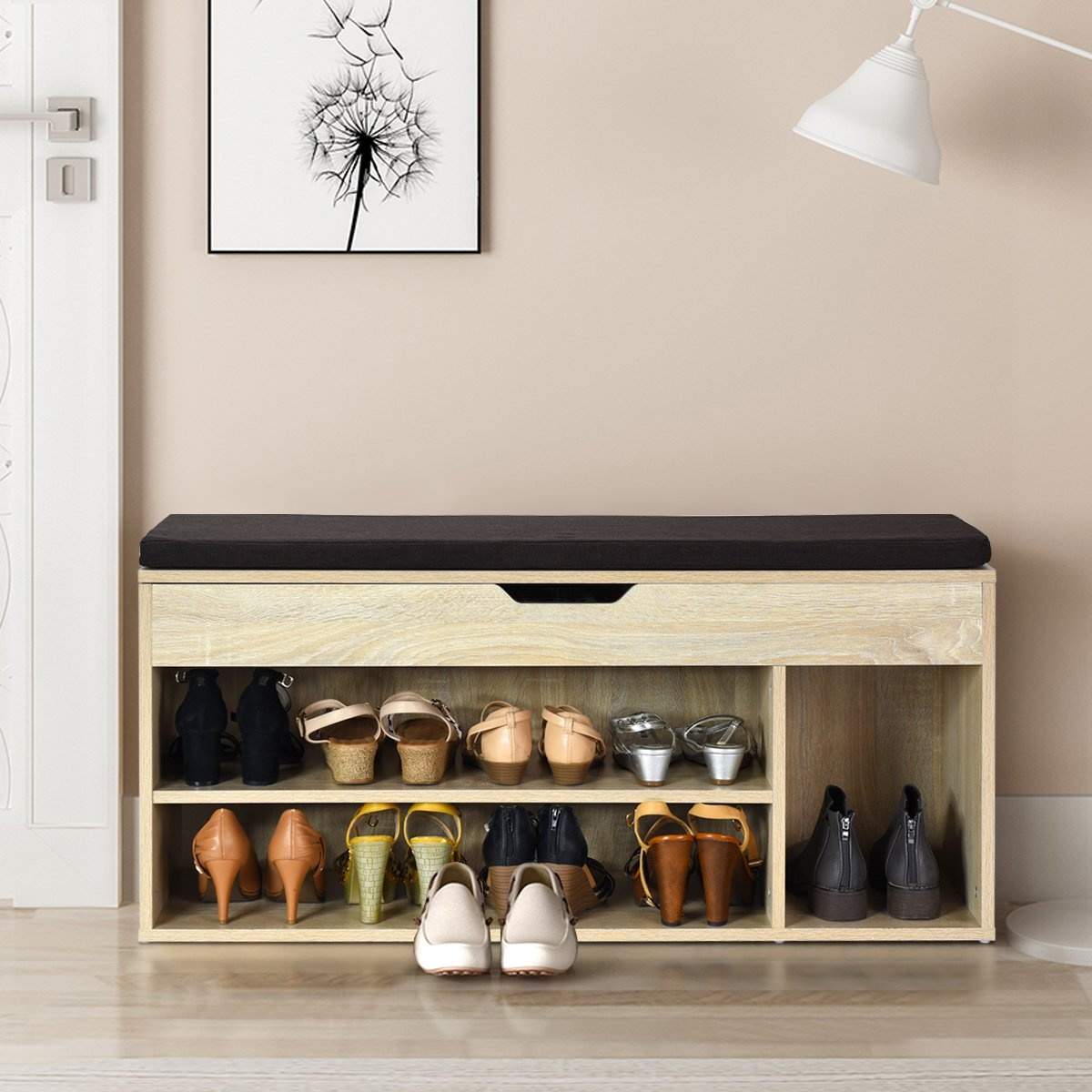 Skobänk sko byrå skoställ med sittdyna trä 104 x 48 x 30 cm vit/natur-naturlig | Mode & Accessoarer - Kläder - Skor | Pryloteket