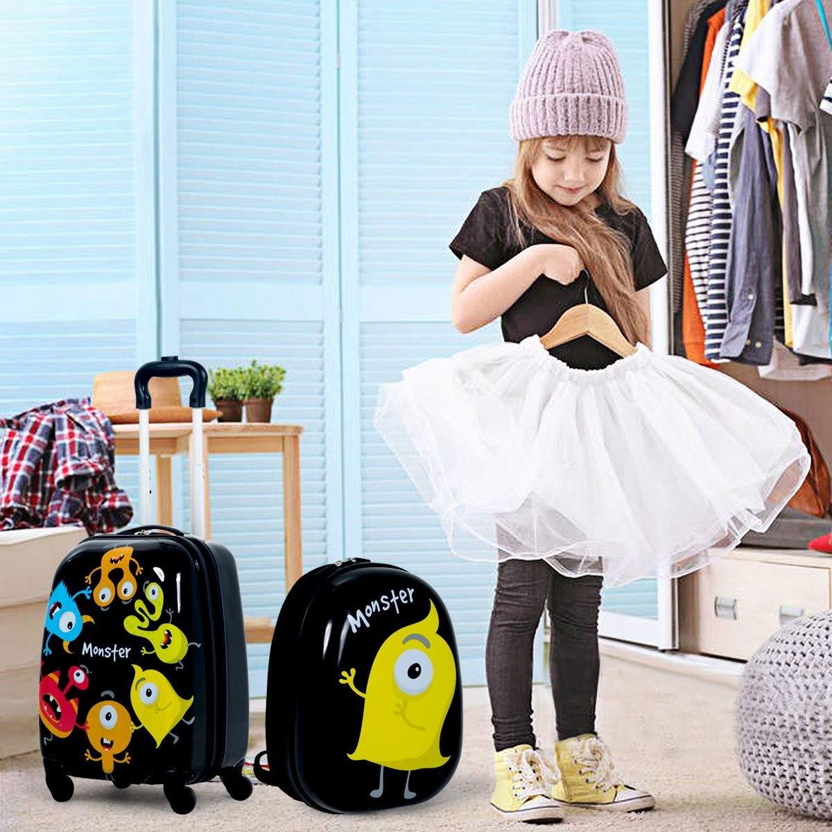 2-piece children's luggage monsterbillede rejsekuffert børnekuffert + rygsæk sort