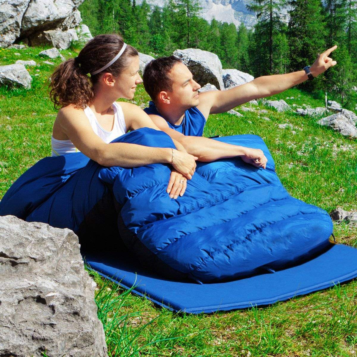 Goplus dobbelt sovepose 2 personer XL tæppe sovepose sovepose med 2 puder sort/blå 220 x 150 cm-blå