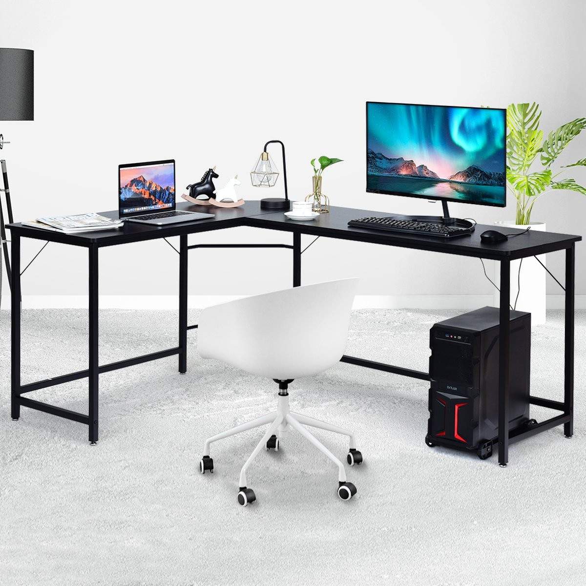 L-formet computerbord PC hjørne skrivebord vinkel skrivebord sort/naturlig 168 x 125 x 74 cm-sort